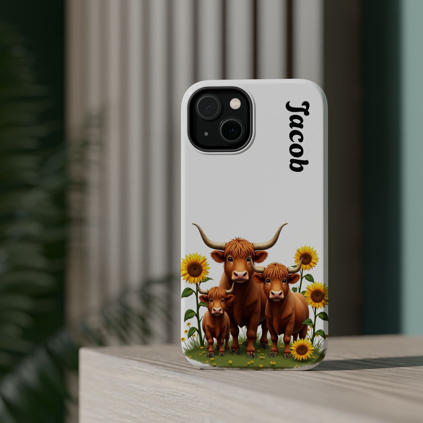 Personalized White Highland Cow Phone Case - Custom Name Farm Animal Gift | Cute Sunflower Cases for Women & Girls