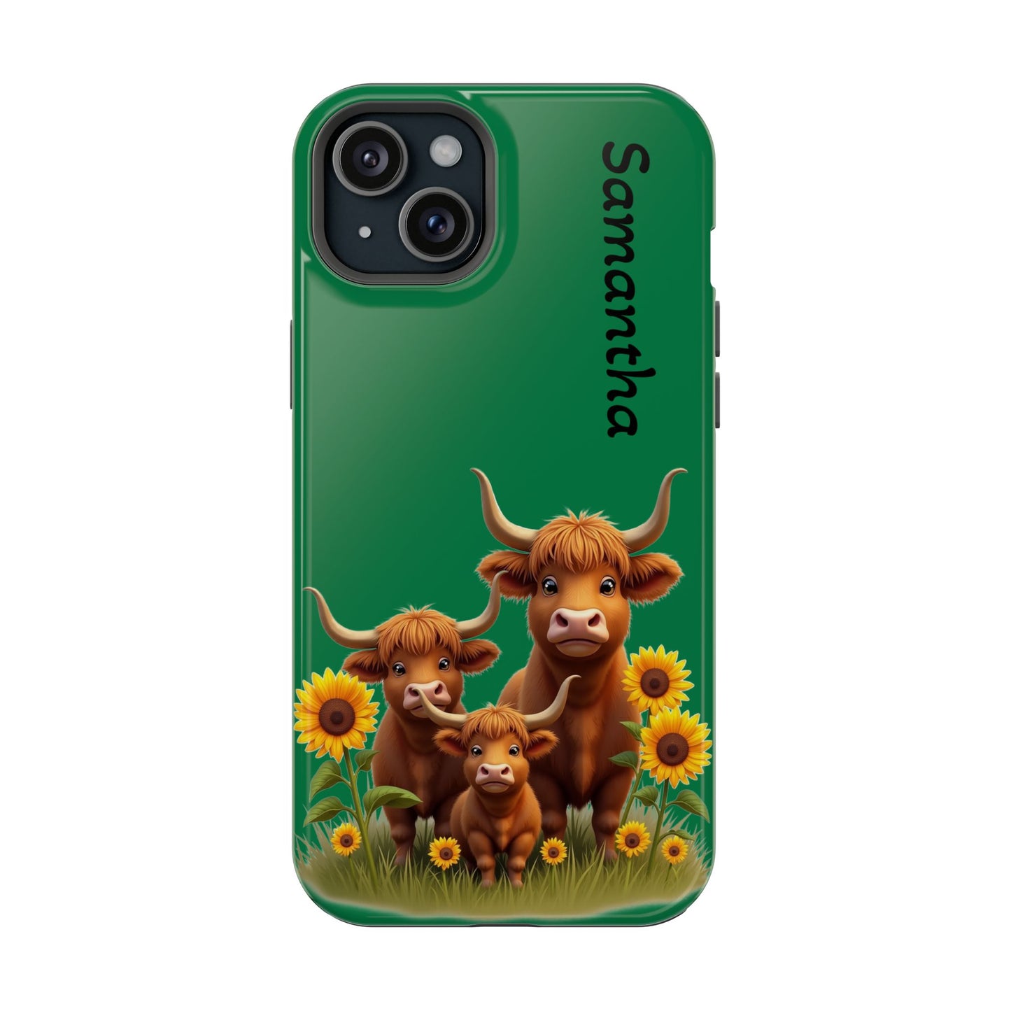 Personalized Highland Cow Phone Case - Custom Name Farm Animal Gift | Cute Green iPhone Cases for Women & Girls