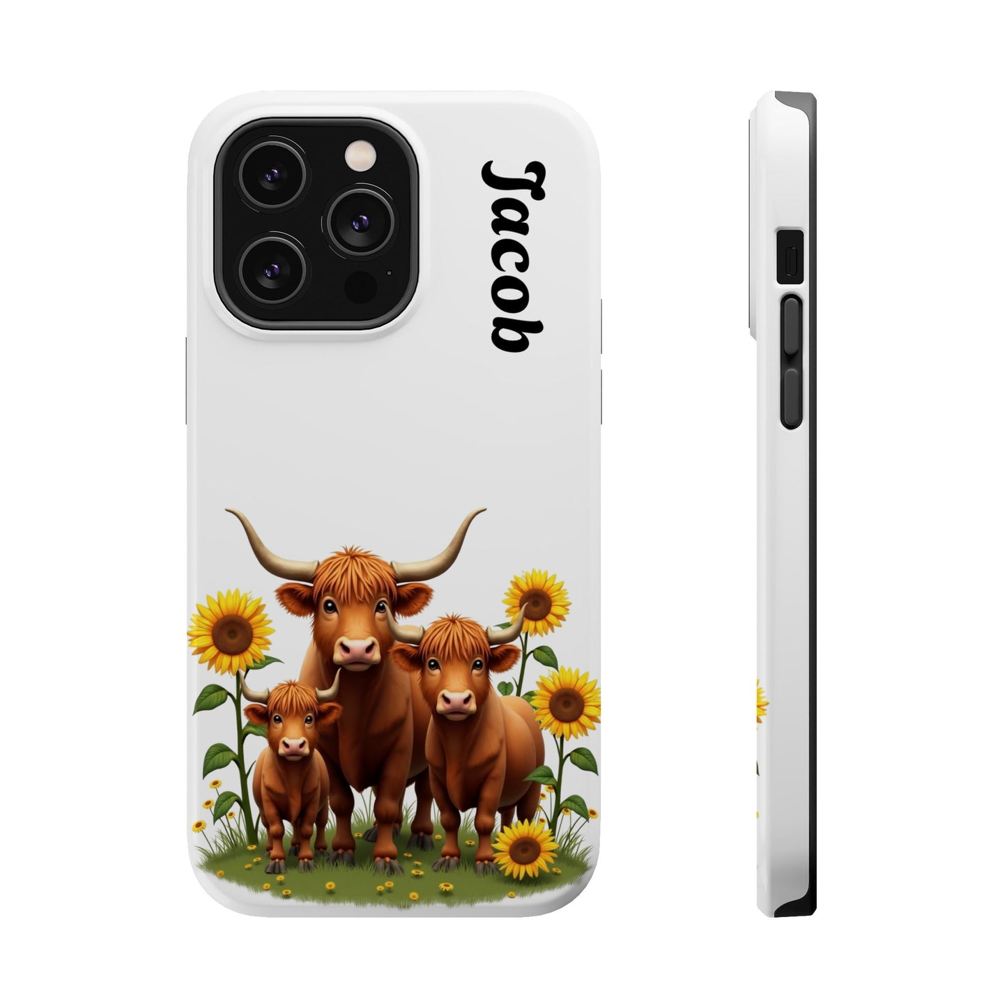 Personalized White Highland Cow Phone Case - Custom Name Farm Animal Gift | Cute Sunflower Cases for Women & Girls
