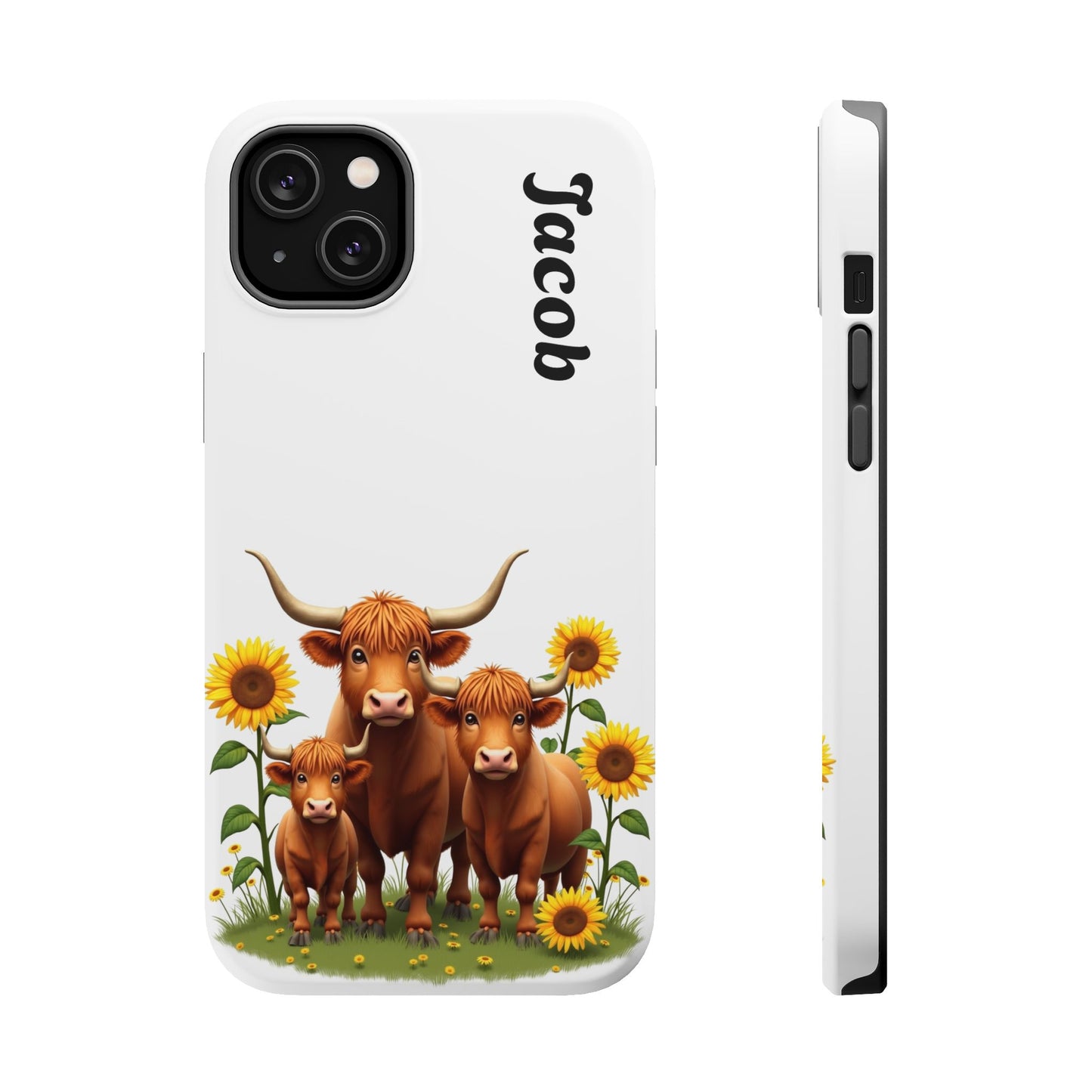 Personalized White Highland Cow Phone Case - Custom Name Farm Animal Gift | Cute Sunflower Cases for Women & Girls