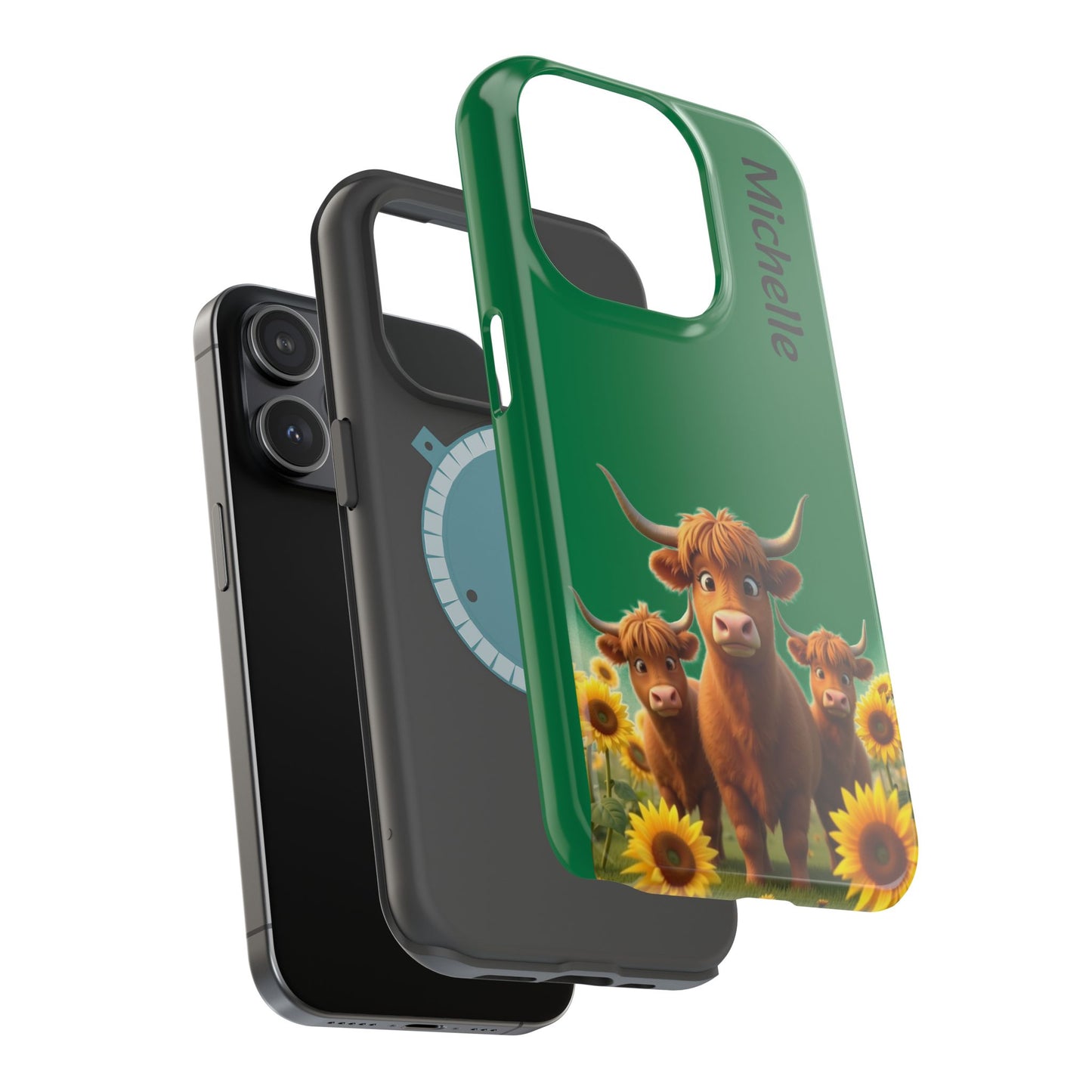 Personalized Highland Cow Phone Case - Custom Name Farm Animal Gift | Cute Green iPhone Cases for Women & Girls