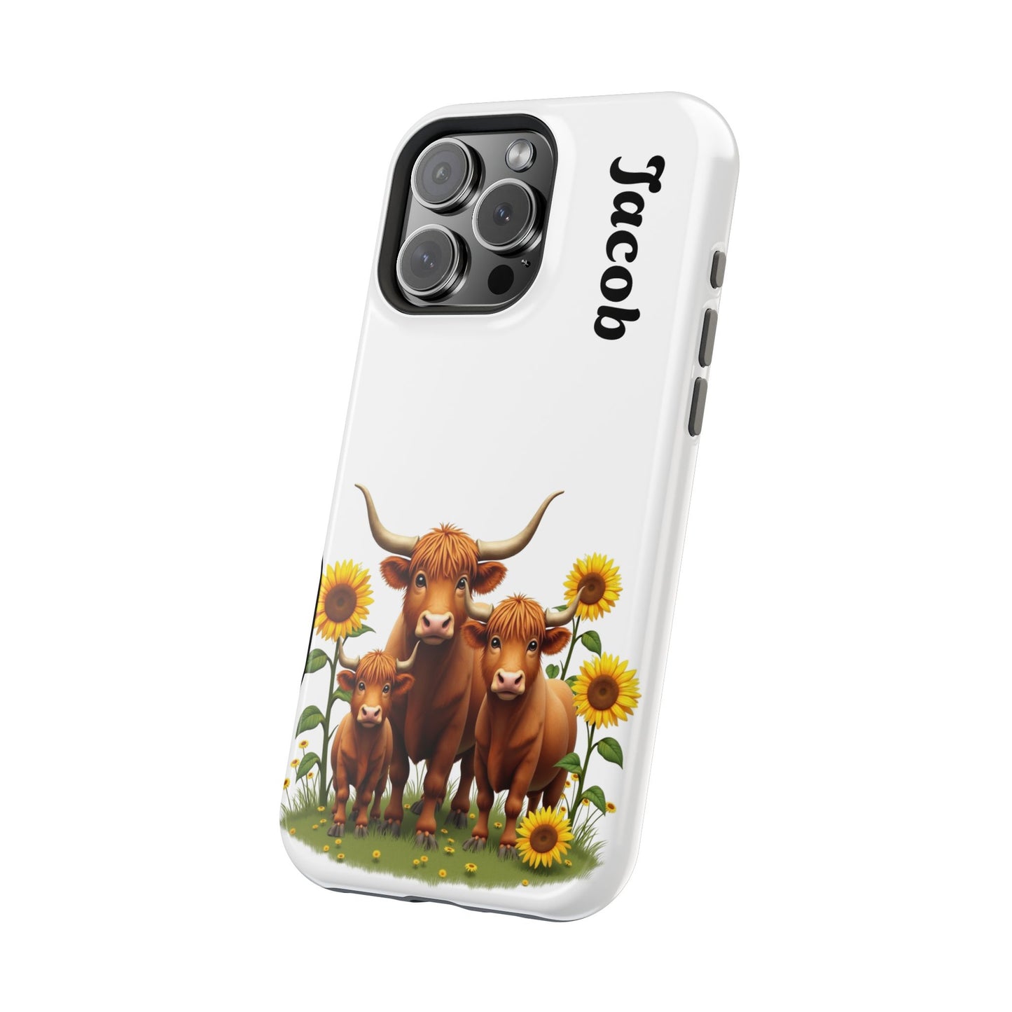 Personalized White Highland Cow Phone Case - Custom Name Farm Animal Gift | Cute Sunflower Cases for Women & Girls