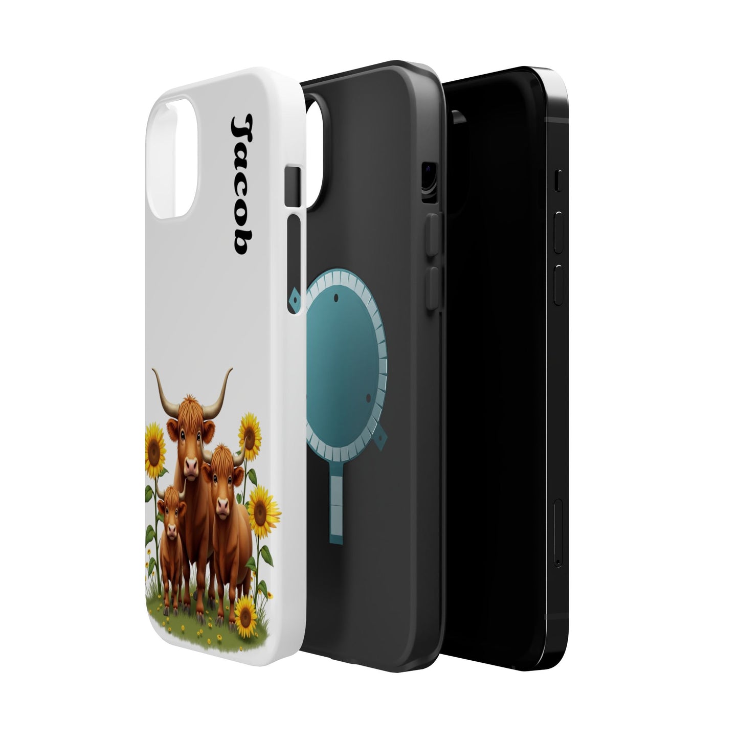 Personalized White Highland Cow Phone Case - Custom Name Farm Animal Gift | Cute Sunflower Cases for Women & Girls