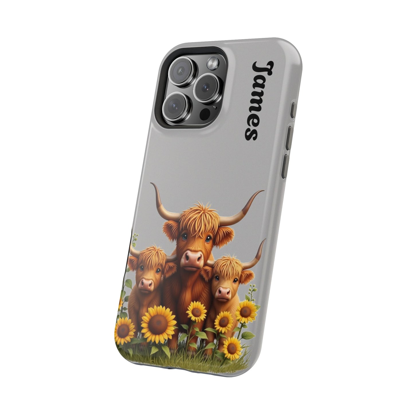 Personalized Gray Highland Cow Phone Case - Custom Name Farm Animal Gift | Cute Gray iPhone Cases for Women & Girls