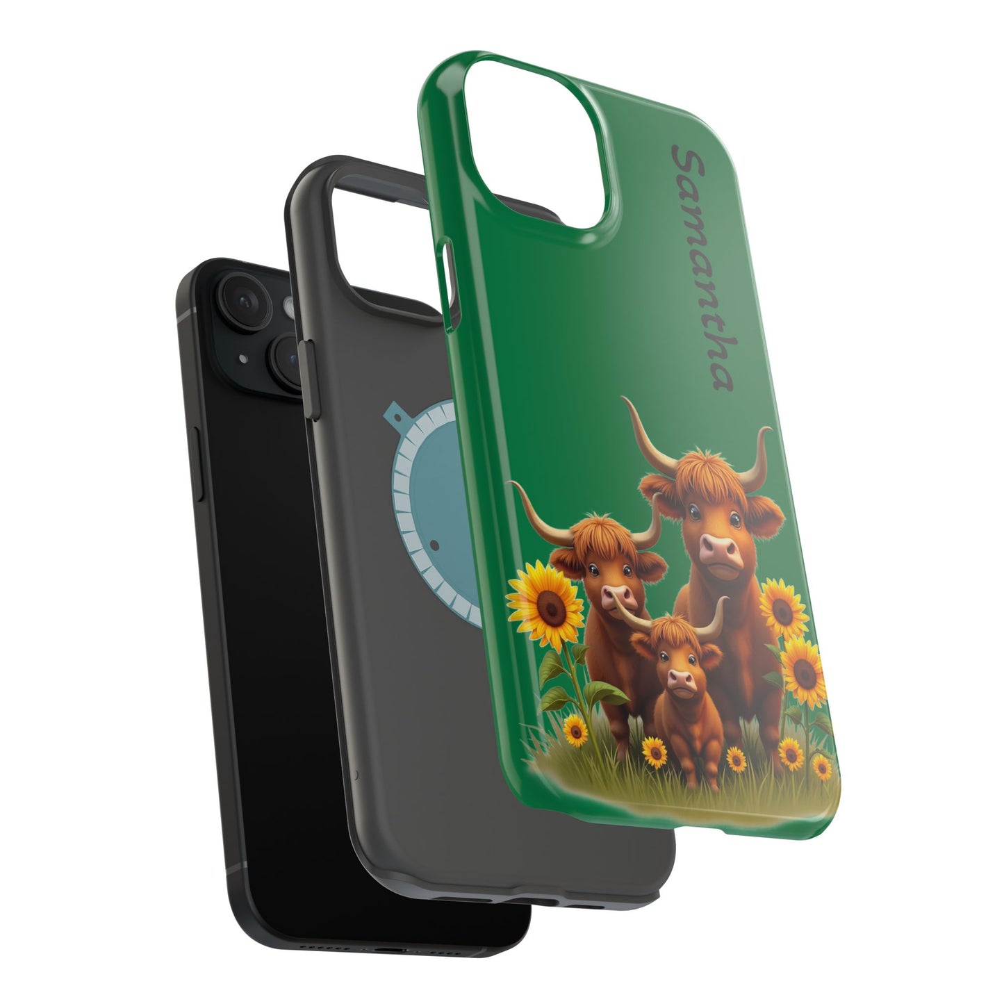 Personalized Highland Cow Phone Case - Custom Name Farm Animal Gift | Cute Green iPhone Cases for Women & Girls