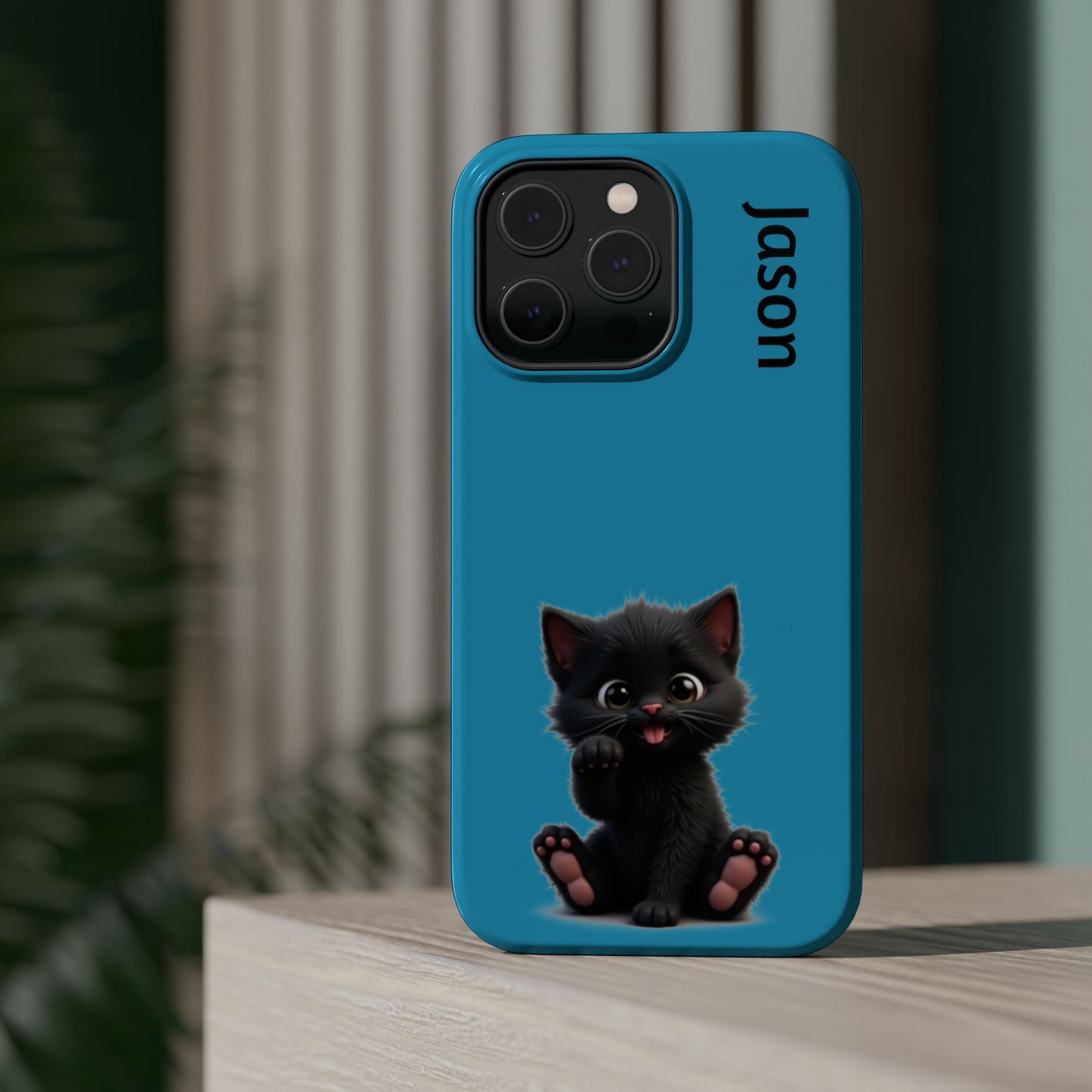 Personalized Black Kitten Phone Case - Custom Name Cat Lover Gift | Cute Teal Blue iPhone Cases for Women & Girls