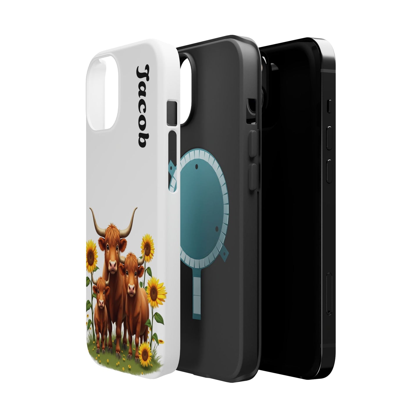Personalized White Highland Cow Phone Case - Custom Name Farm Animal Gift | Cute Sunflower Cases for Women & Girls