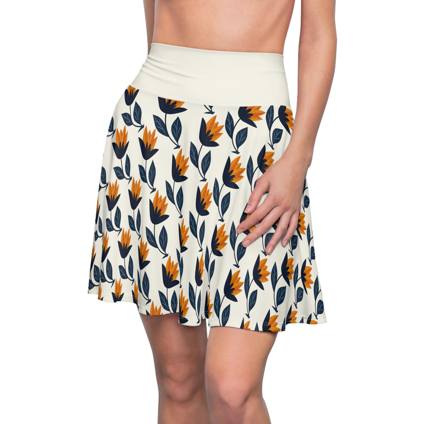 Golden Tulips Skater Skirt - Elegant Florals in Navy & Amber