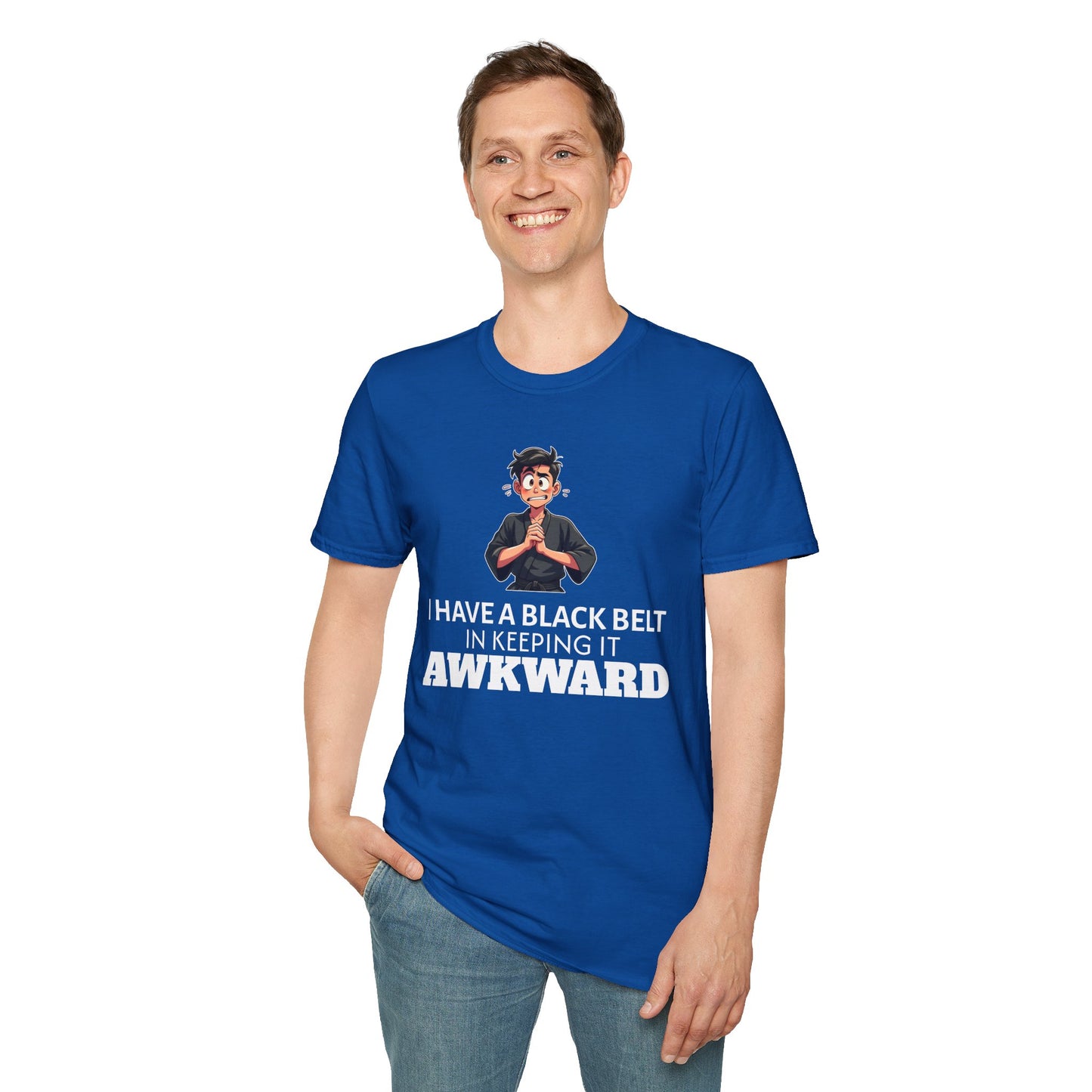 Funny Black Belt in Keeping It Awkward T-Shirt β Sarcastic Karate Kid Cartoon Tee, Ironic Humor Gift for Socially Clumsy & Relatable Souls