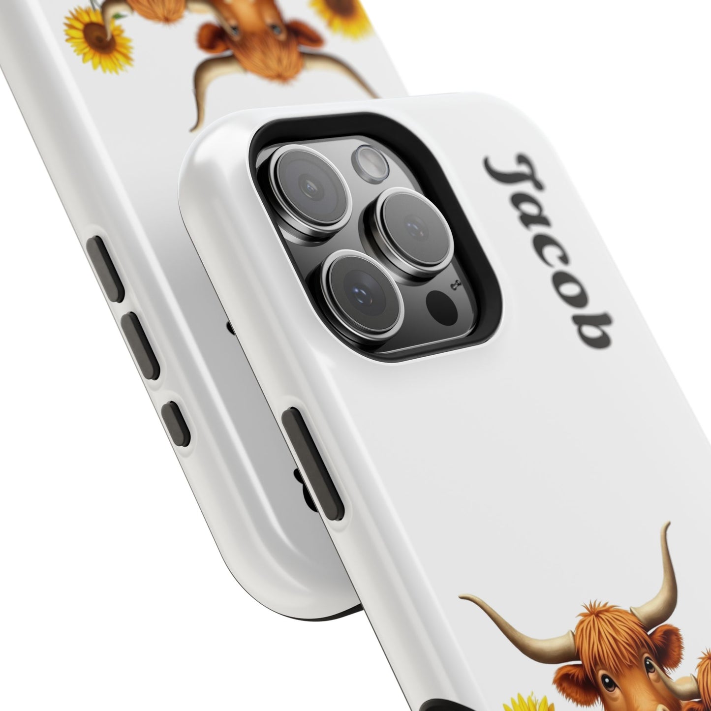 Personalized White Highland Cow Phone Case - Custom Name Farm Animal Gift | Cute Sunflower Cases for Women & Girls