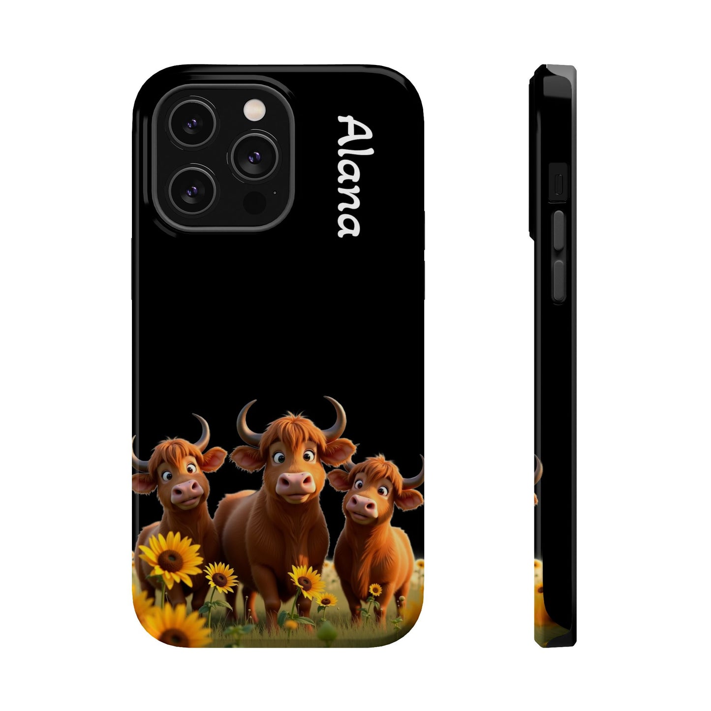 Personalized Highland Cow Phone Case - Custom Name Farm Animal Gift | Cute Black iPhone Cases for Women & Girls