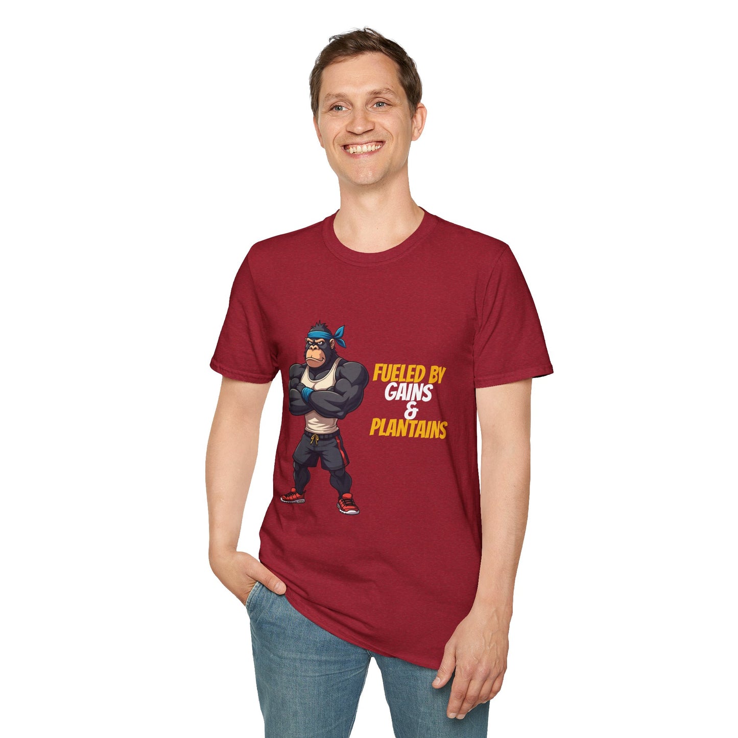 Fueled by Gains & Plantains β Funny Gym Gorilla T-Shirt