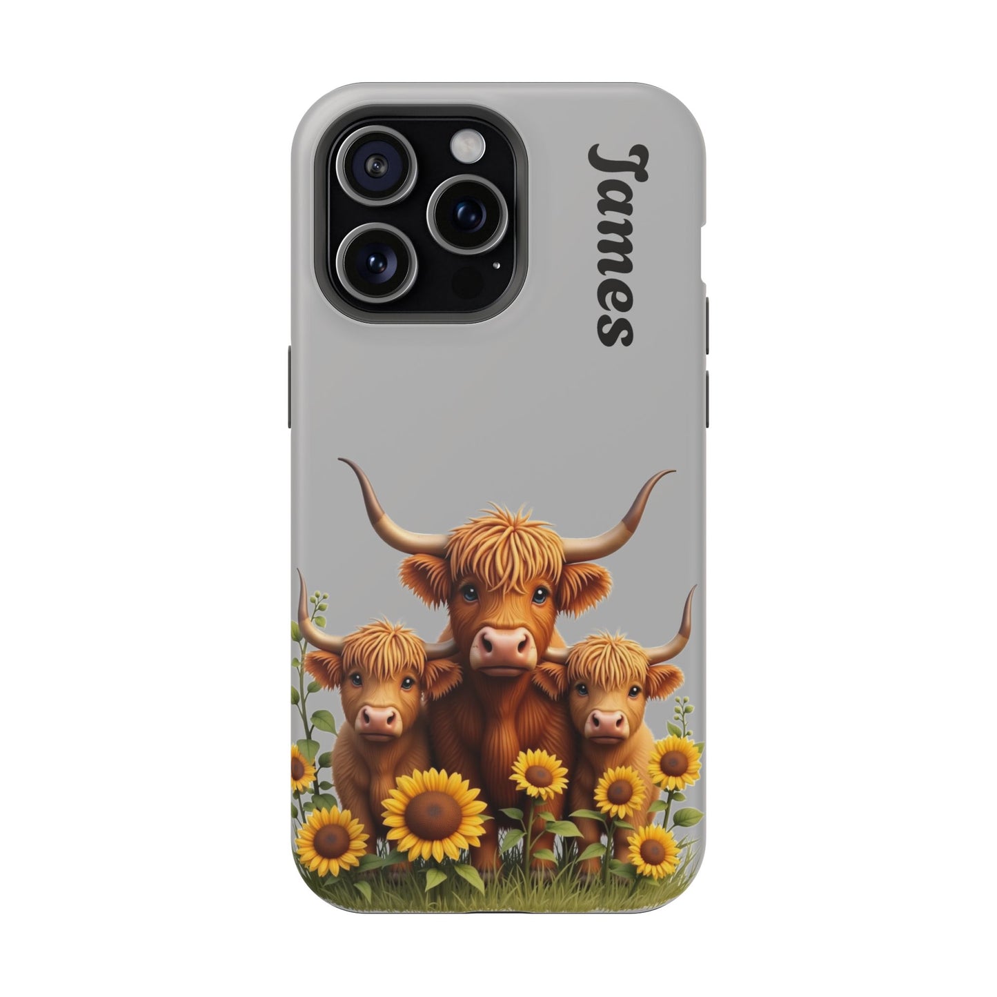 Personalized Gray Highland Cow Phone Case - Custom Name Farm Animal Gift | Cute Gray iPhone Cases for Women & Girls