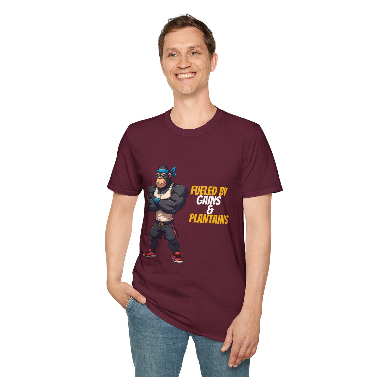 Fueled by Gains & Plantains β Funny Gym Gorilla T-Shirt
