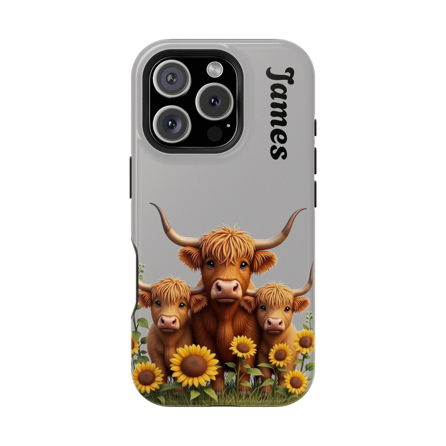 Personalized Gray Highland Cow Phone Case - Custom Name Farm Animal Gift | Cute Gray iPhone Cases for Women & Girls
