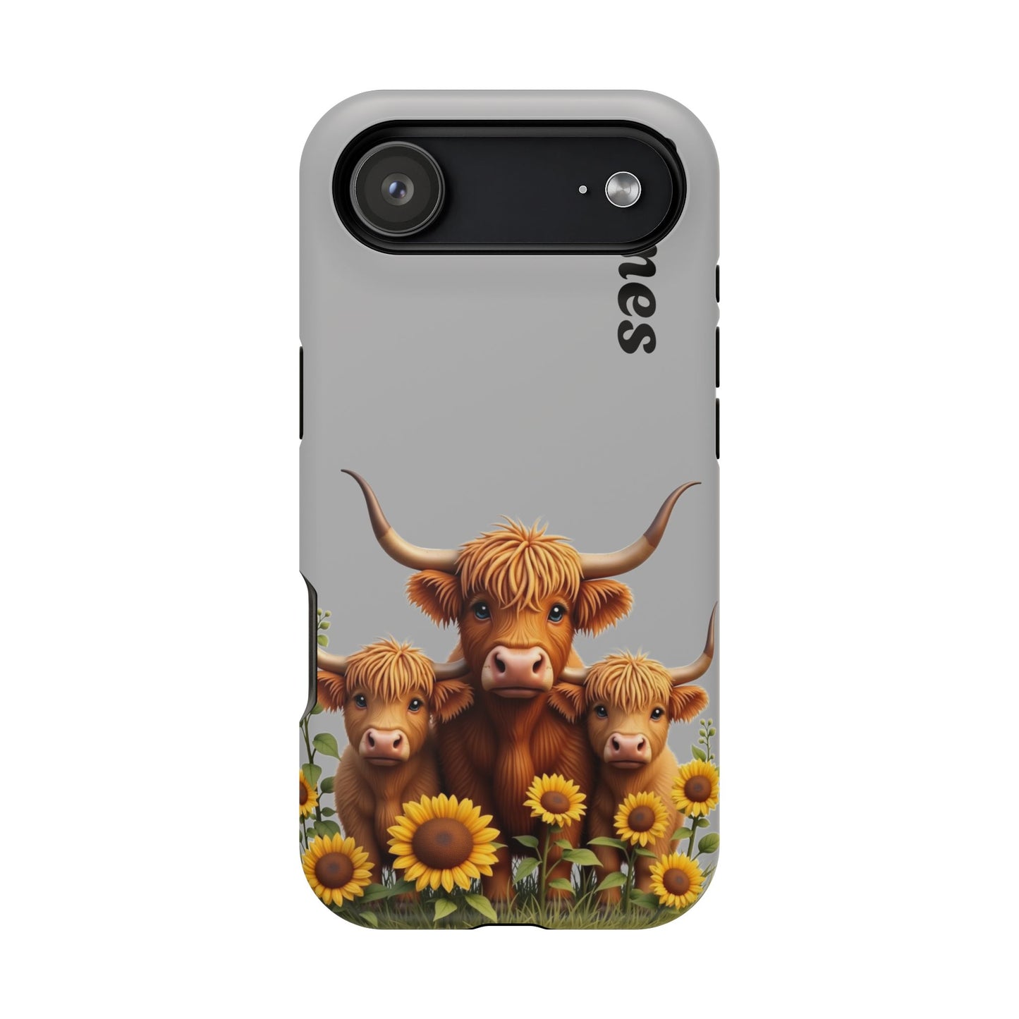 Personalized Gray Highland Cow Phone Case - Custom Name Farm Animal Gift | Cute Gray iPhone Cases for Women & Girls