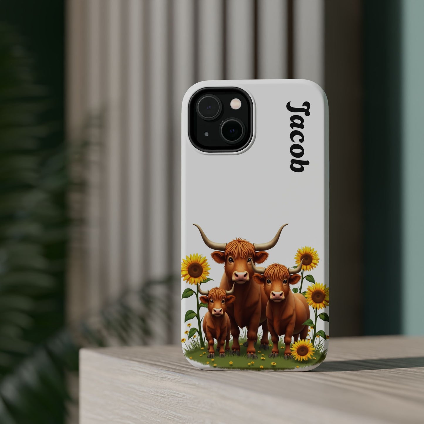 Personalized White Highland Cow Phone Case - Custom Name Farm Animal Gift | Cute Sunflower Cases for Women & Girls
