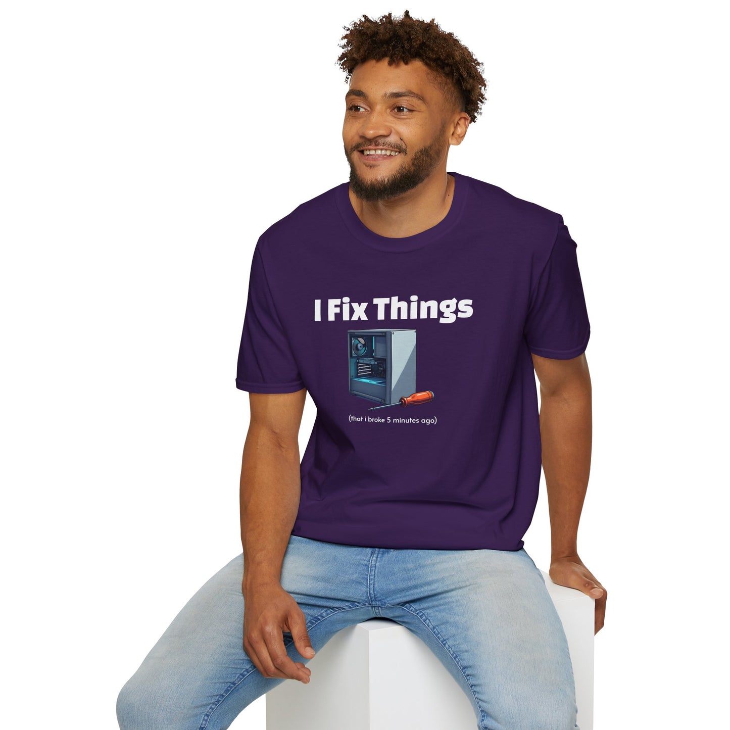 Funny "I Fix Things I Broke 5 Minutes Ago" T-Shirt β Sarcastic Tech Humor Tee, Relatable Repair Geek Gift for Clumsy Builders & Overthinkers