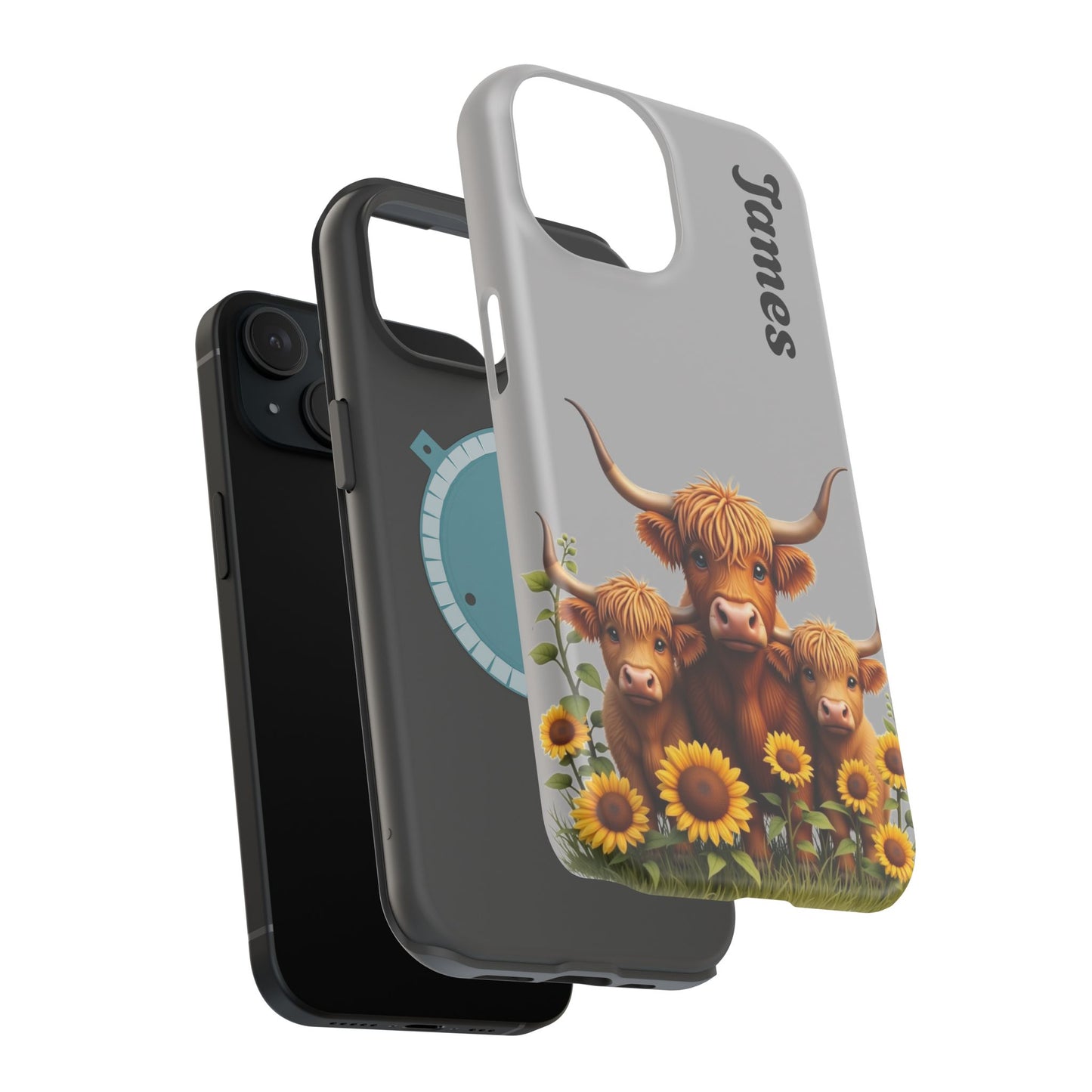 Personalized Gray Highland Cow Phone Case - Custom Name Farm Animal Gift | Cute Gray iPhone Cases for Women & Girls