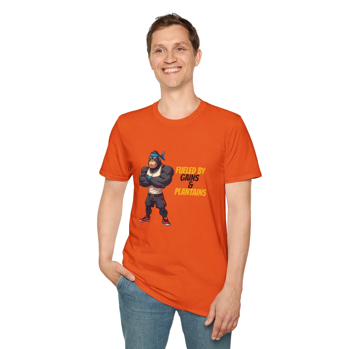 Fueled by Gains & Plantains β Funny Gym Gorilla T-Shirt