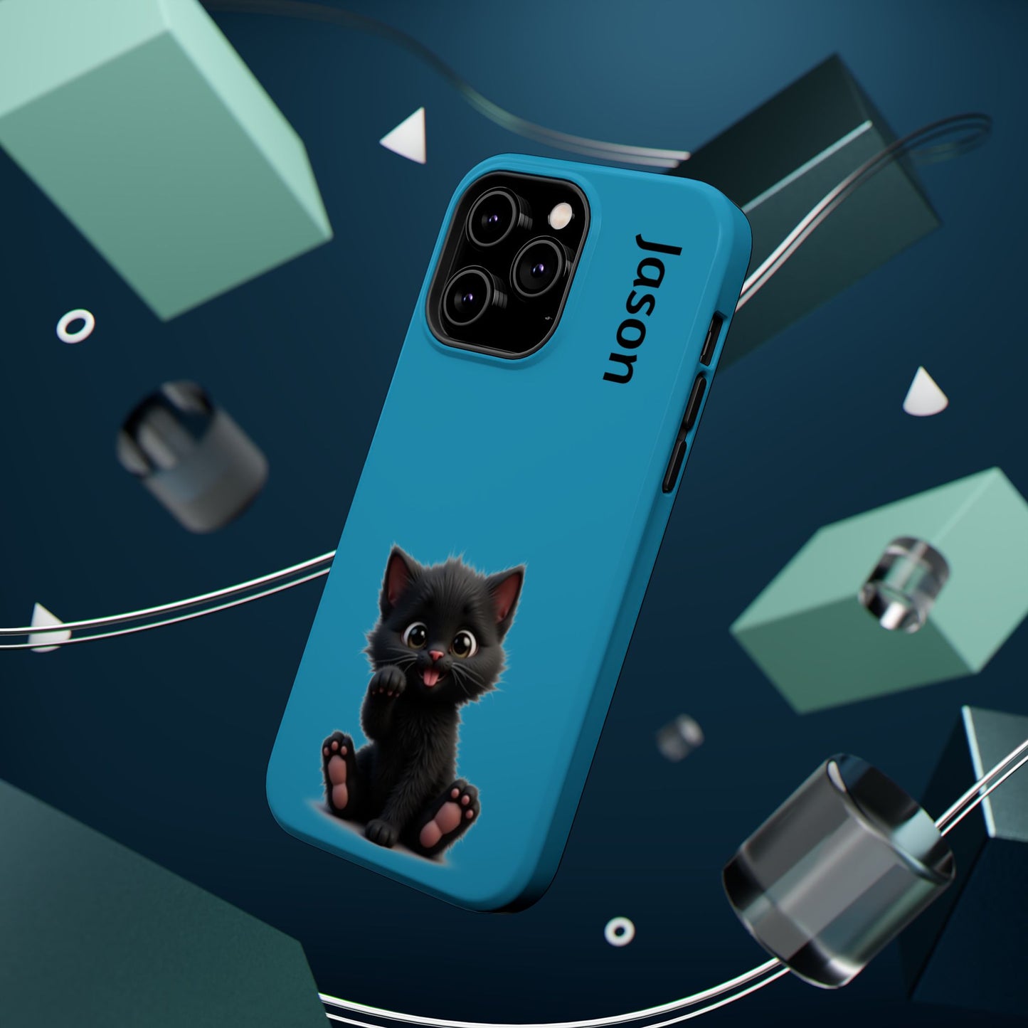 Personalized Black Kitten Phone Case - Custom Name Cat Lover Gift | Cute Teal Blue iPhone Cases for Women & Girls