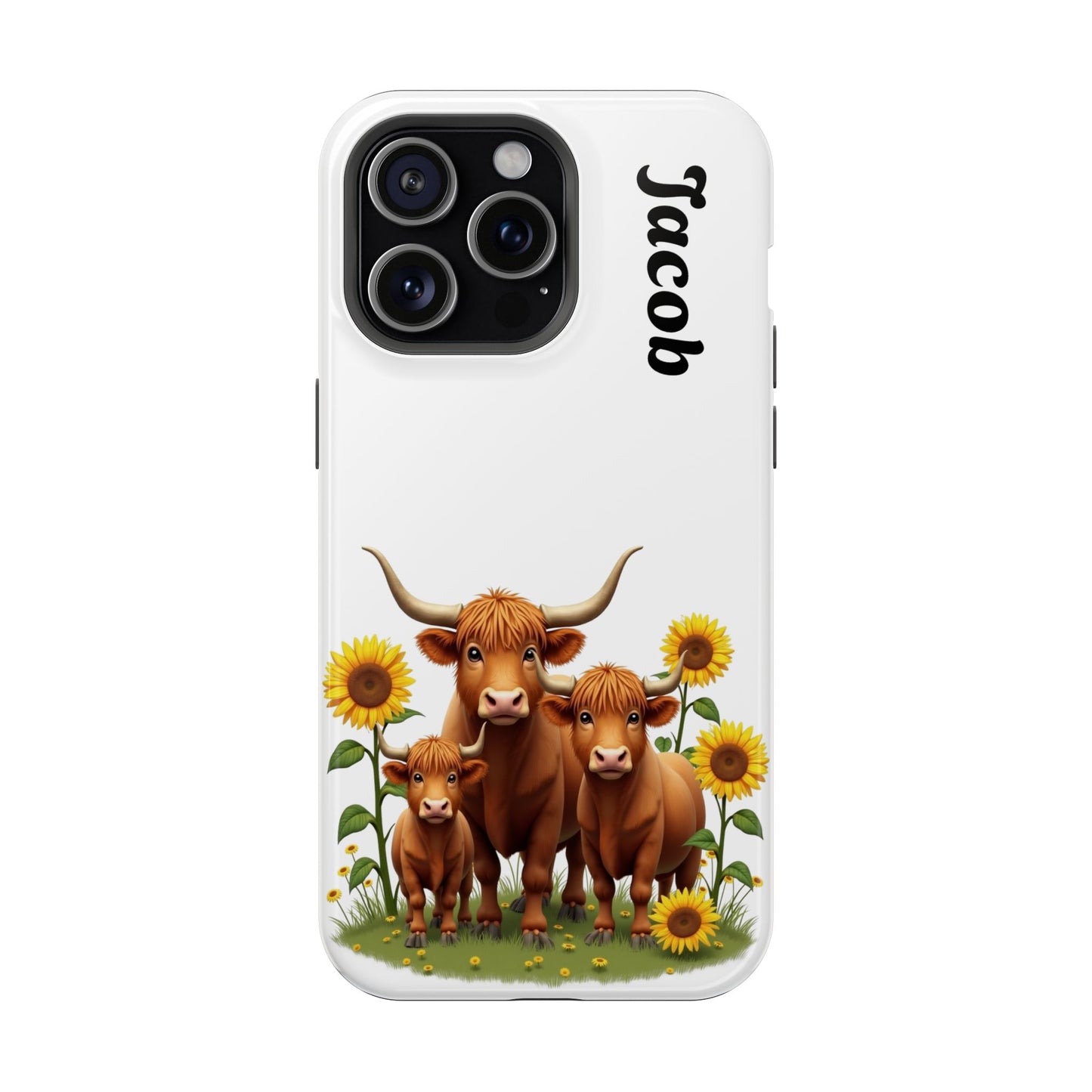 Personalized White Highland Cow Phone Case - Custom Name Farm Animal Gift | Cute Sunflower Cases for Women & Girls