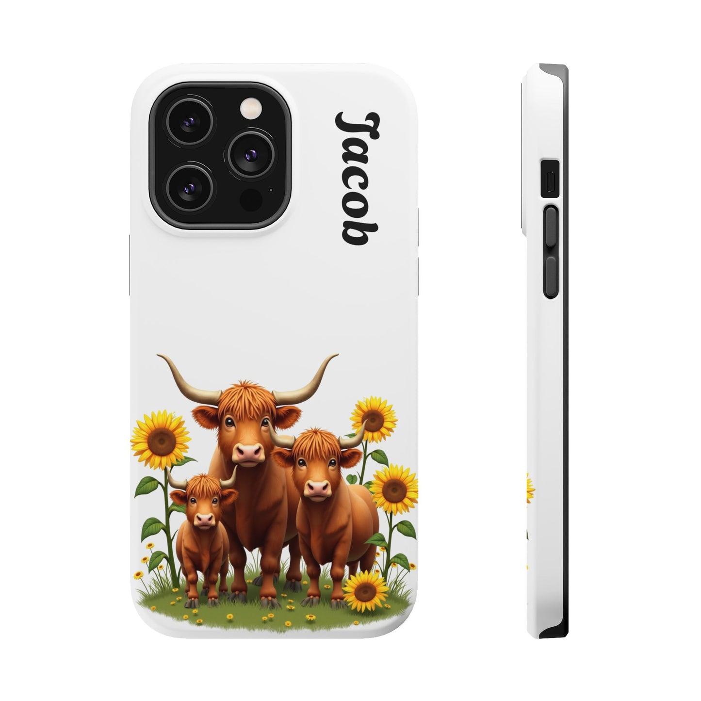 Personalized White Highland Cow Phone Case - Custom Name Farm Animal Gift | Cute Sunflower Cases for Women & Girls
