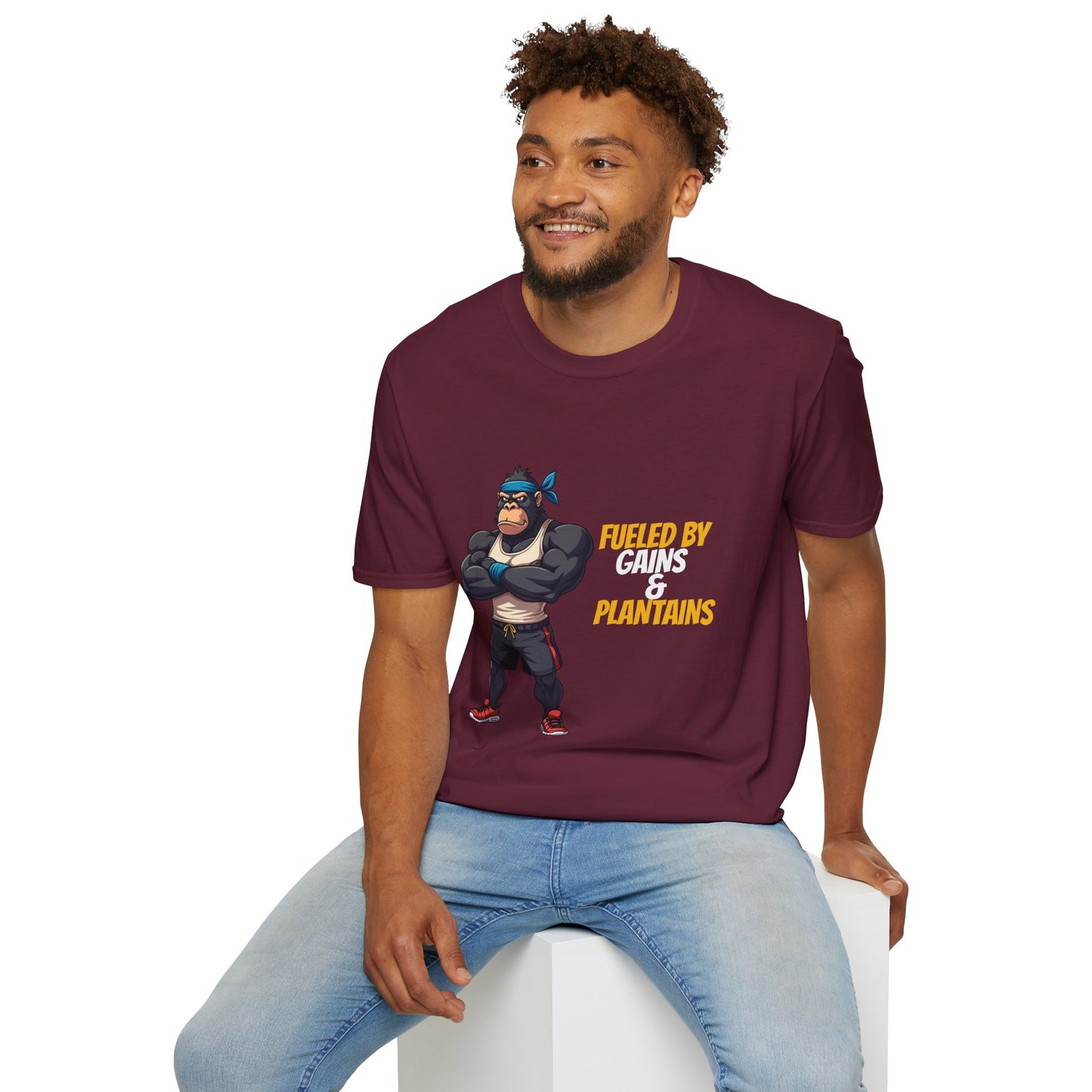 Fueled by Gains & Plantains β Funny Gym Gorilla T-Shirt