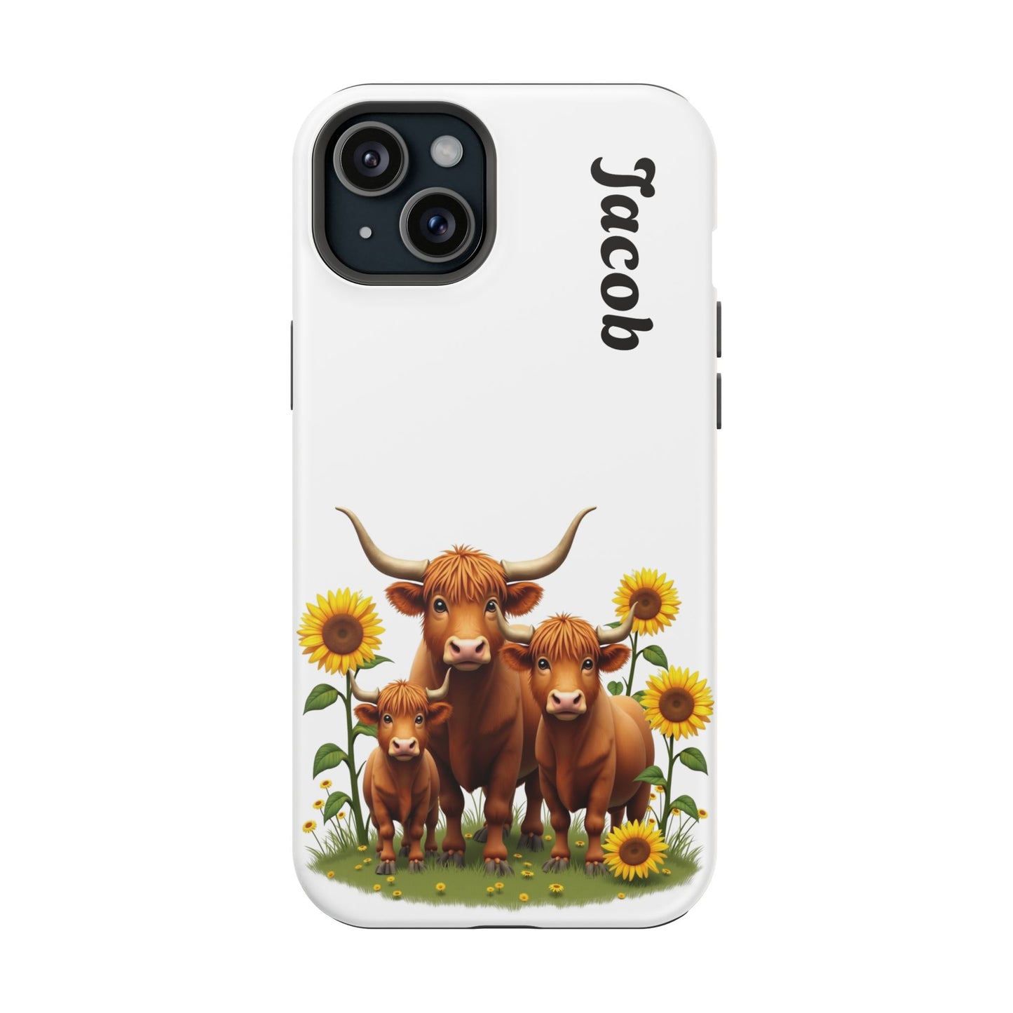 Personalized White Highland Cow Phone Case - Custom Name Farm Animal Gift | Cute Sunflower Cases for Women & Girls