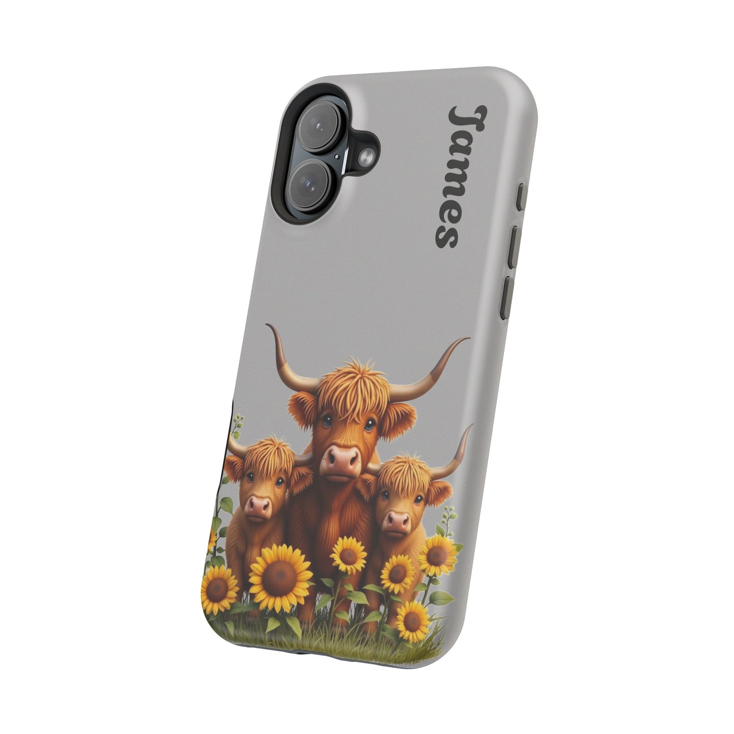 Personalized Gray Highland Cow Phone Case - Custom Name Farm Animal Gift | Cute Gray iPhone Cases for Women & Girls