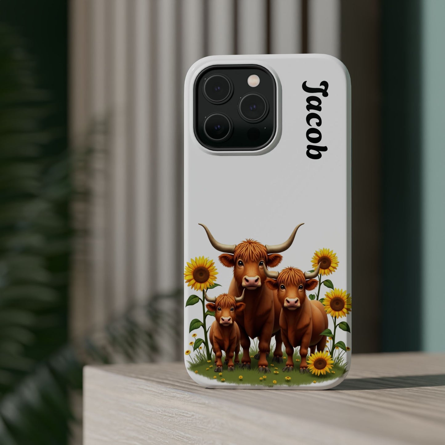 Personalized White Highland Cow Phone Case - Custom Name Farm Animal Gift | Cute Sunflower Cases for Women & Girls