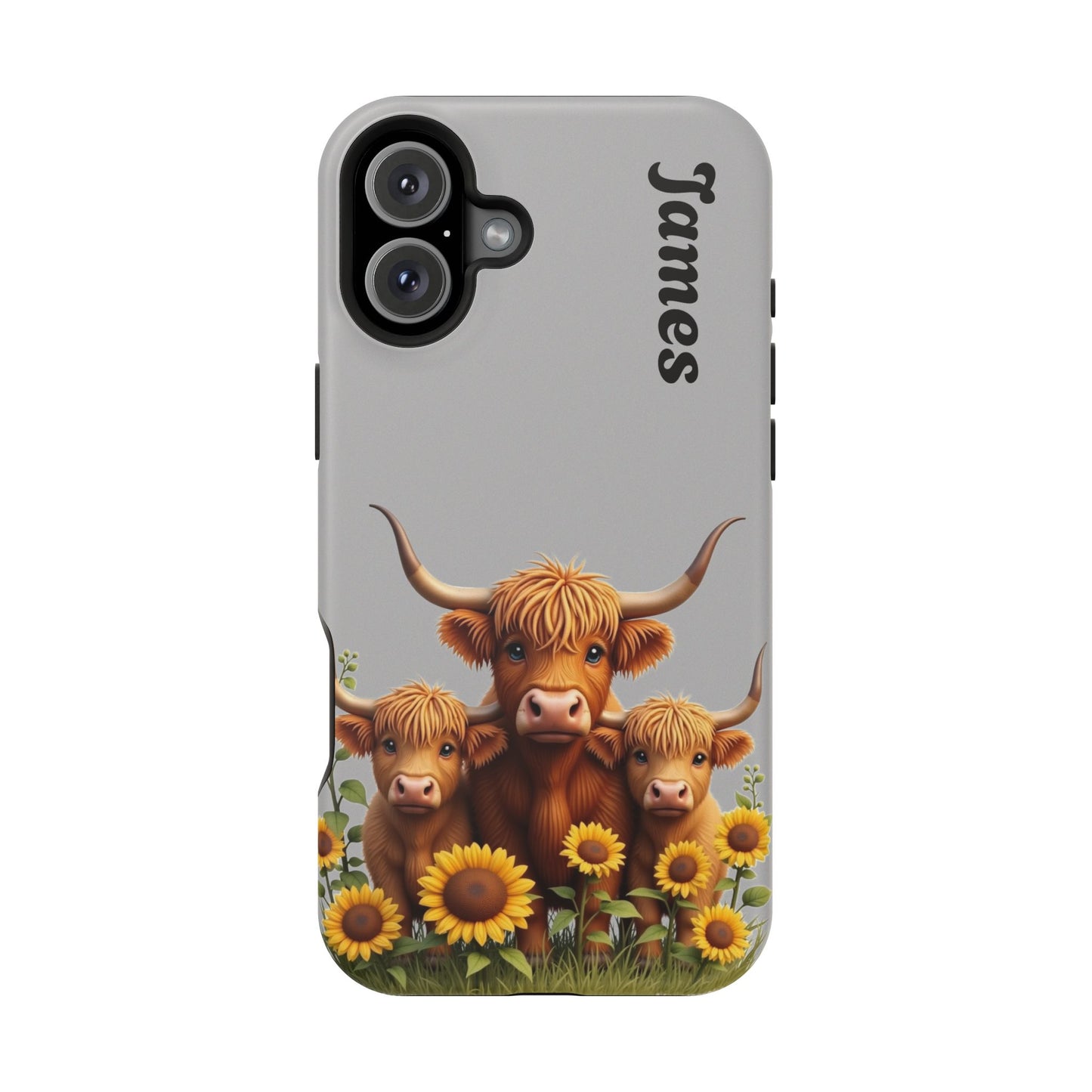 Personalized Gray Highland Cow Phone Case - Custom Name Farm Animal Gift | Cute Gray iPhone Cases for Women & Girls