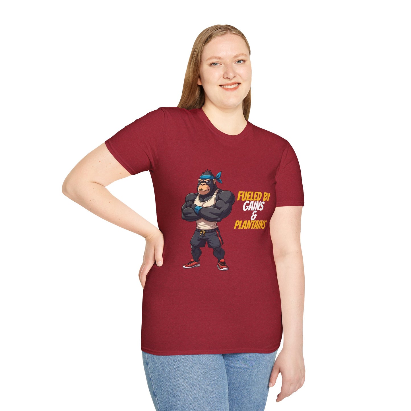 Fueled by Gains & Plantains β Funny Gym Gorilla T-Shirt