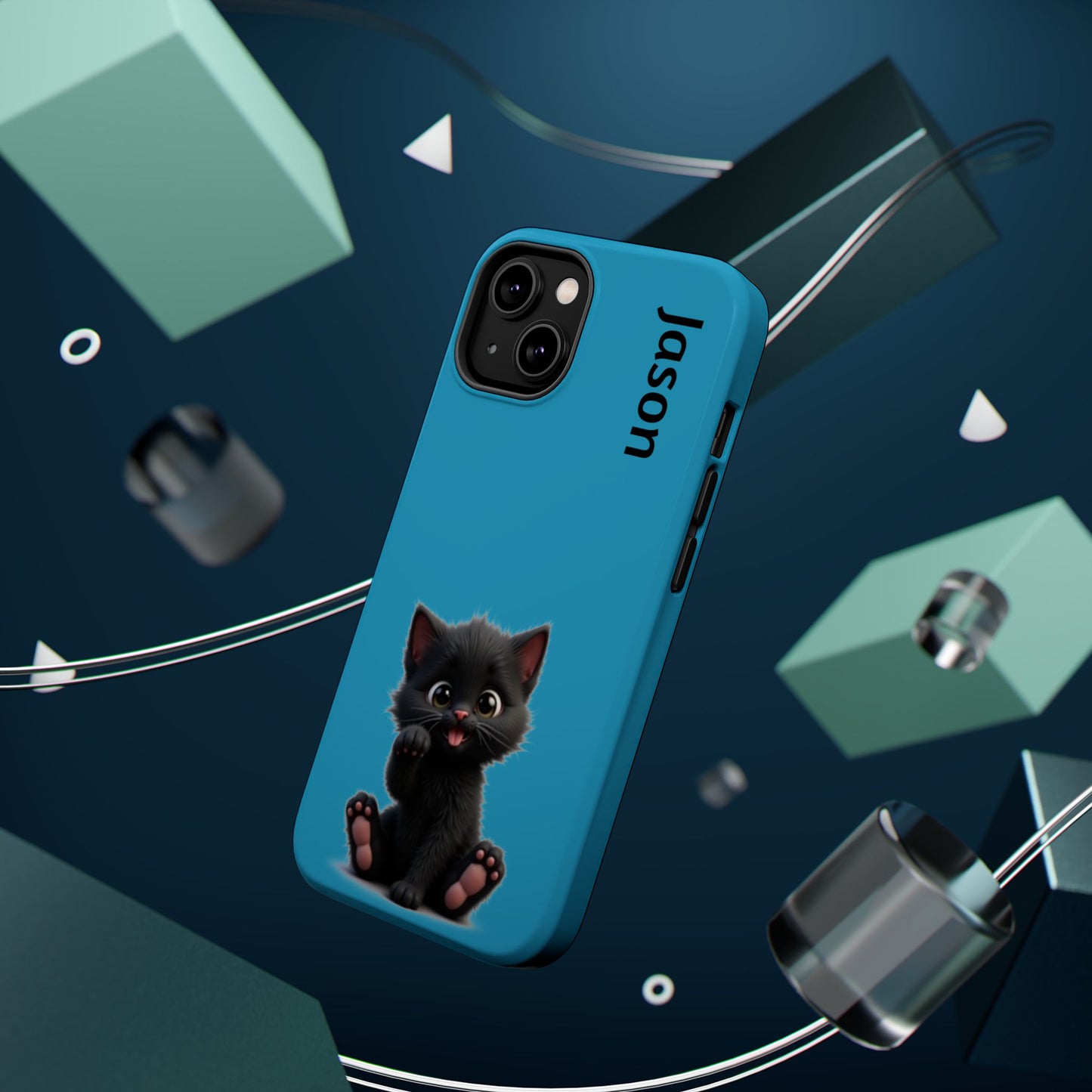 Personalized Black Kitten Phone Case - Custom Name Cat Lover Gift | Cute Teal Blue iPhone Cases for Women & Girls