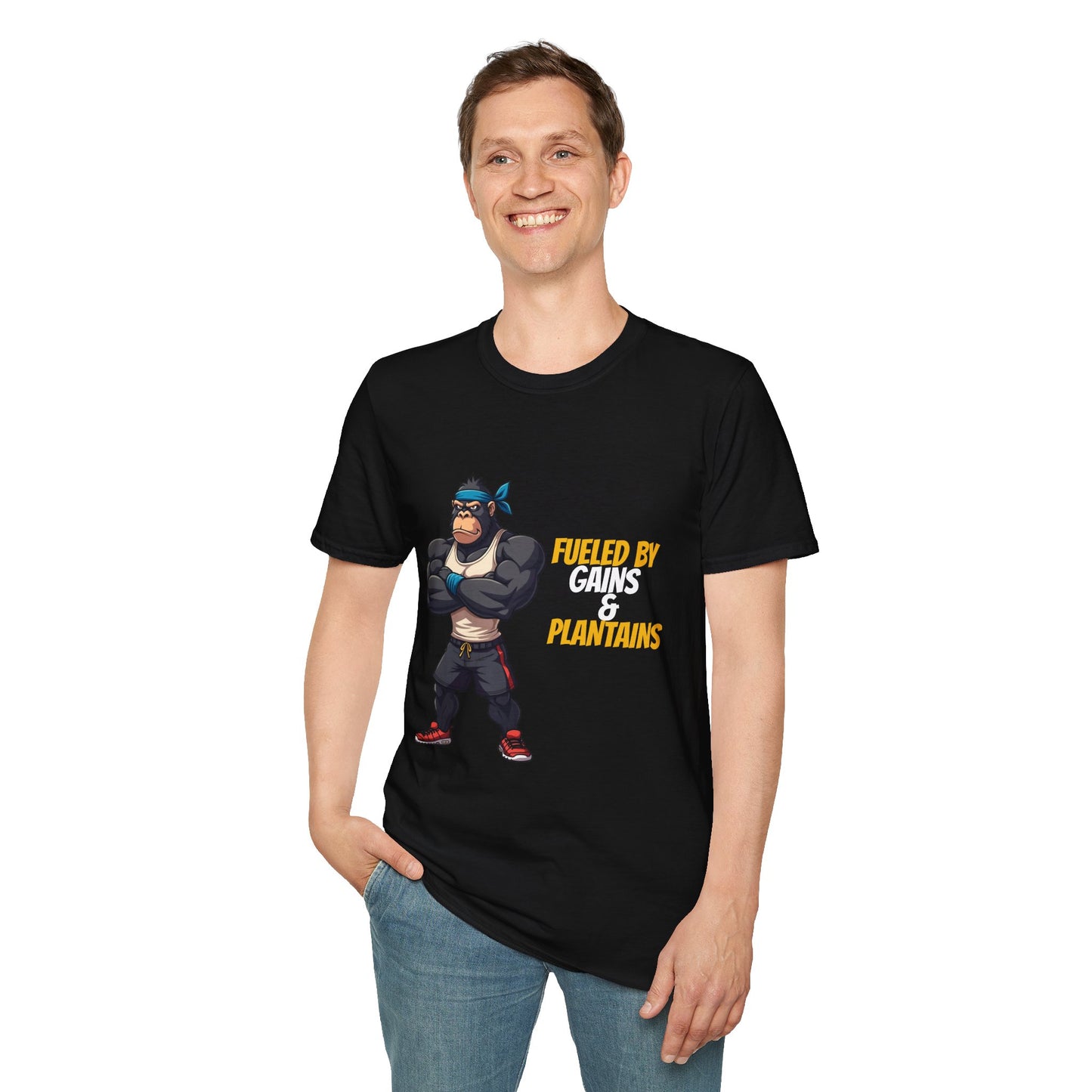 Fueled by Gains & Plantains β Funny Gym Gorilla T-Shirt