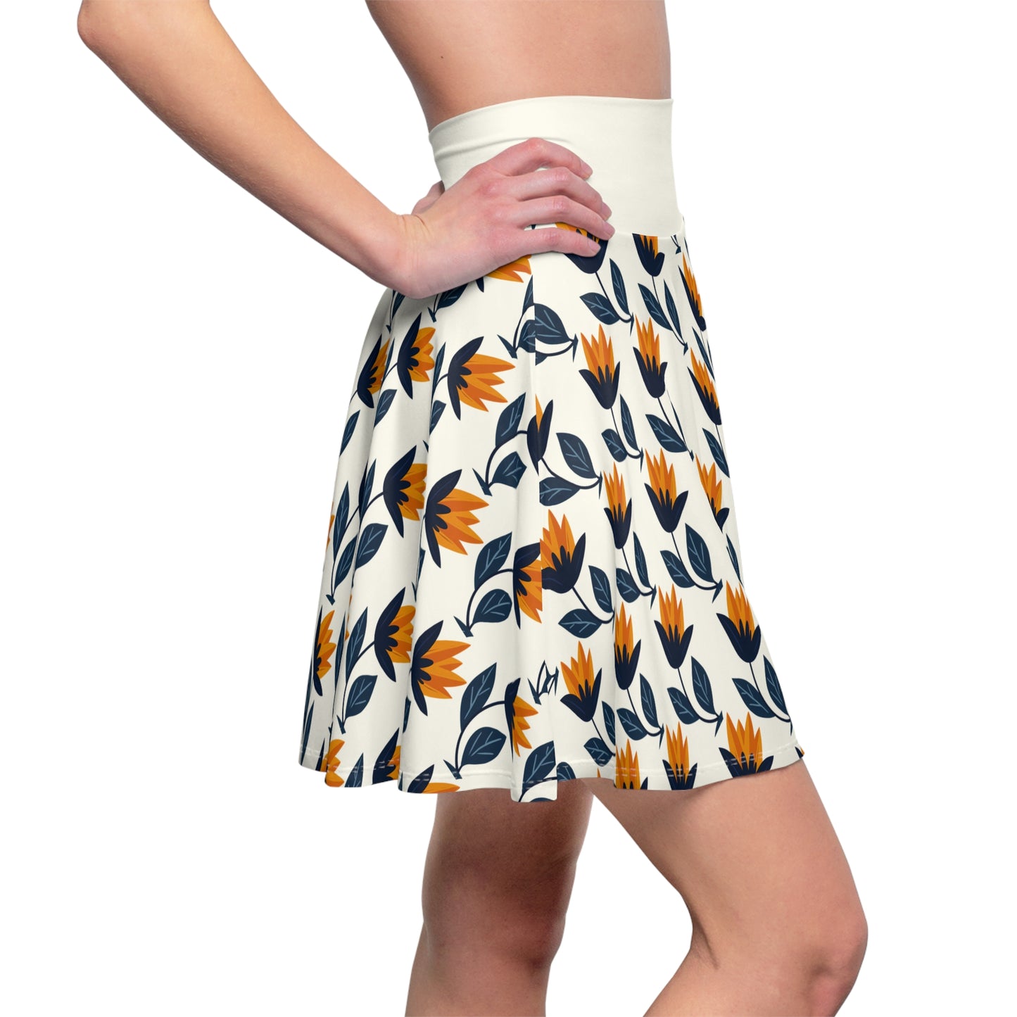 Golden Tulips Skater Skirt - Elegant Florals in Navy & Amber