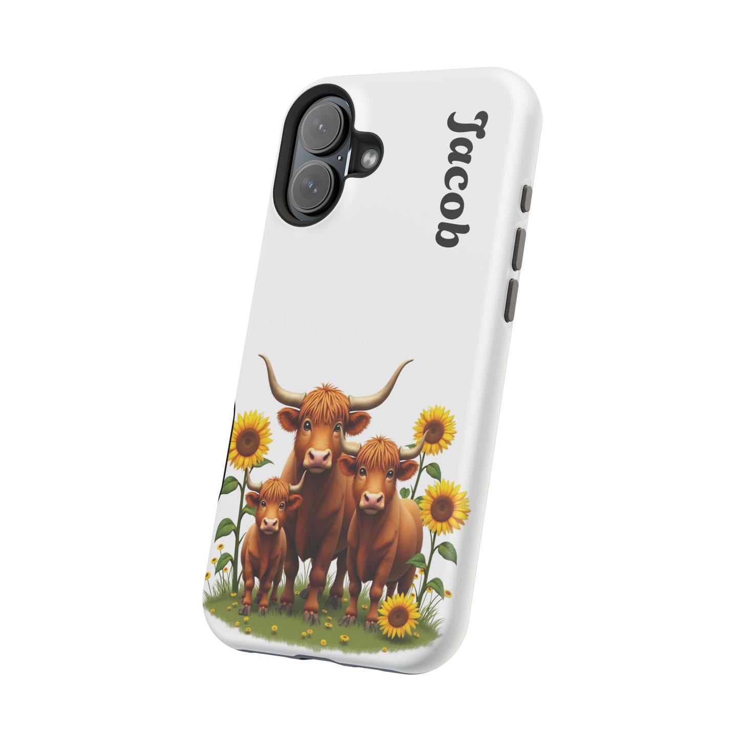 Personalized White Highland Cow Phone Case - Custom Name Farm Animal Gift | Cute Sunflower Cases for Women & Girls