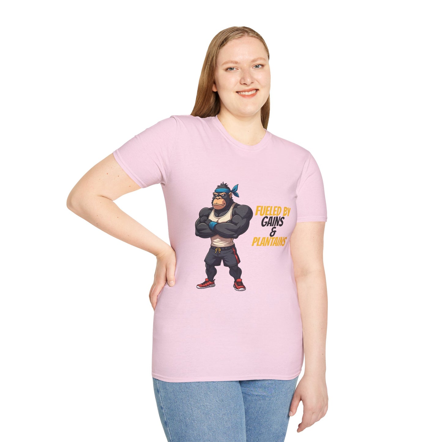 Fueled by Gains & Plantains β Funny Gym Gorilla T-Shirt
