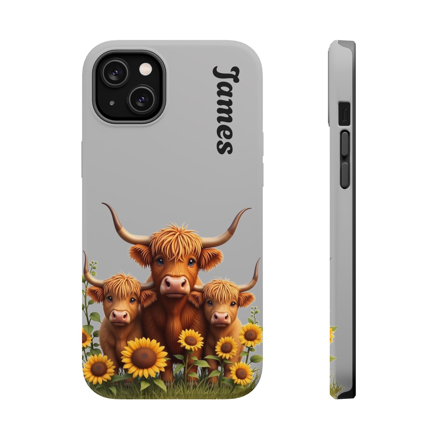 Personalized Gray Highland Cow Phone Case - Custom Name Farm Animal Gift | Cute Gray iPhone Cases for Women & Girls