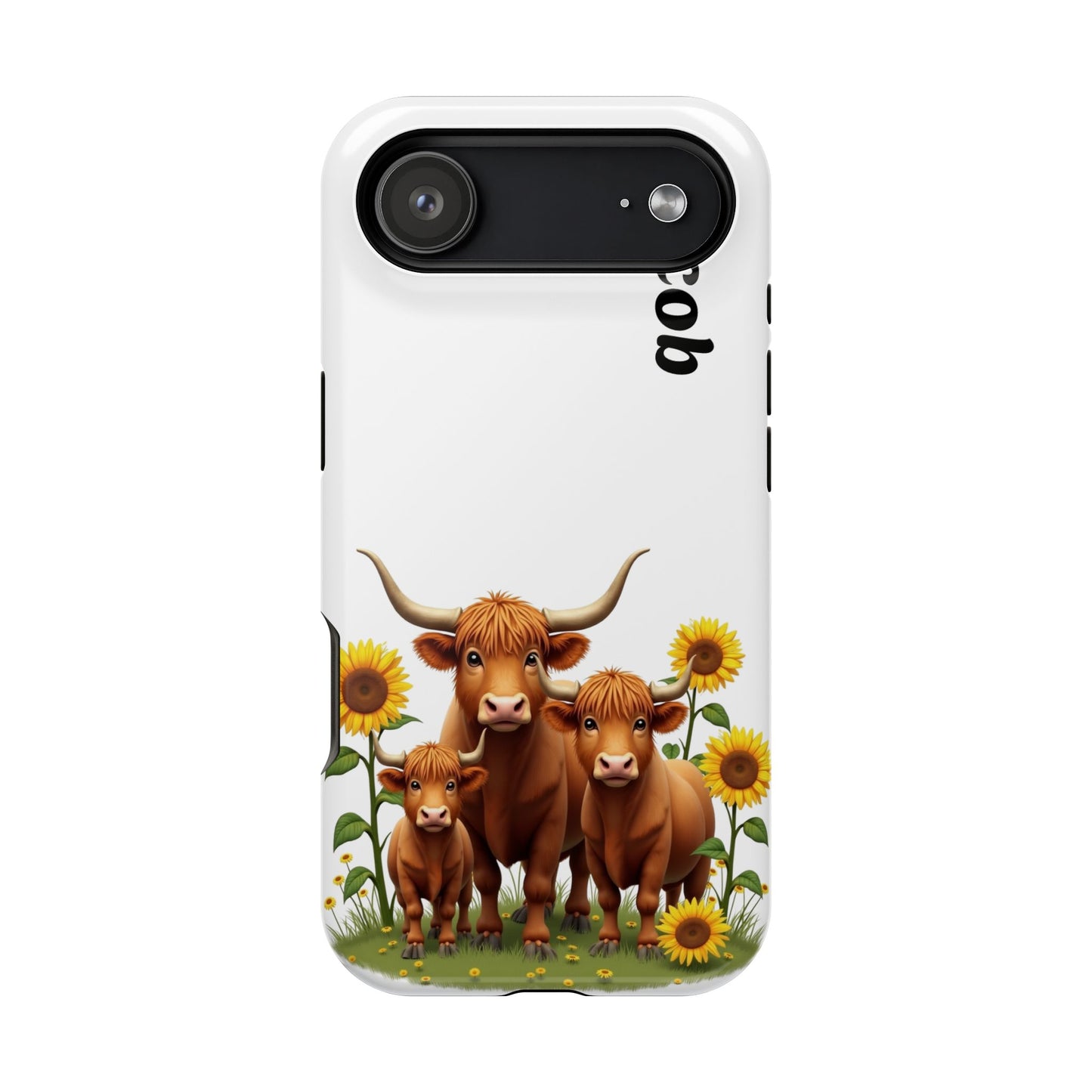 Personalized White Highland Cow Phone Case - Custom Name Farm Animal Gift | Cute Sunflower Cases for Women & Girls