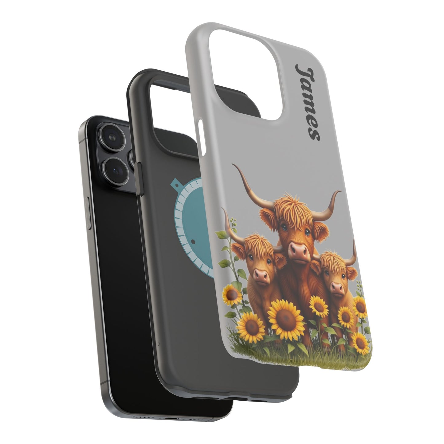 Personalized Gray Highland Cow Phone Case - Custom Name Farm Animal Gift | Cute Gray iPhone Cases for Women & Girls