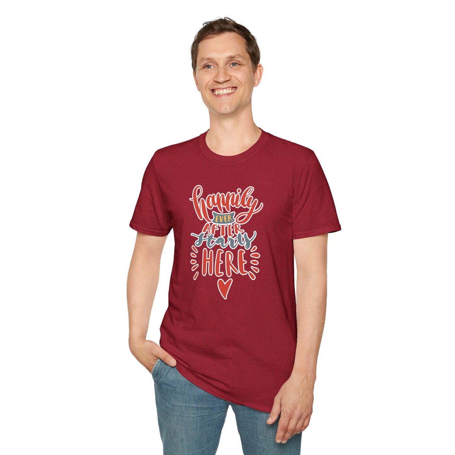 "Happily Ever After Starts Here" Inspirational & Wholesome T-Shirt – Cute Motivational Graphic Tee for Dreamers, Romantics & New Beginnings