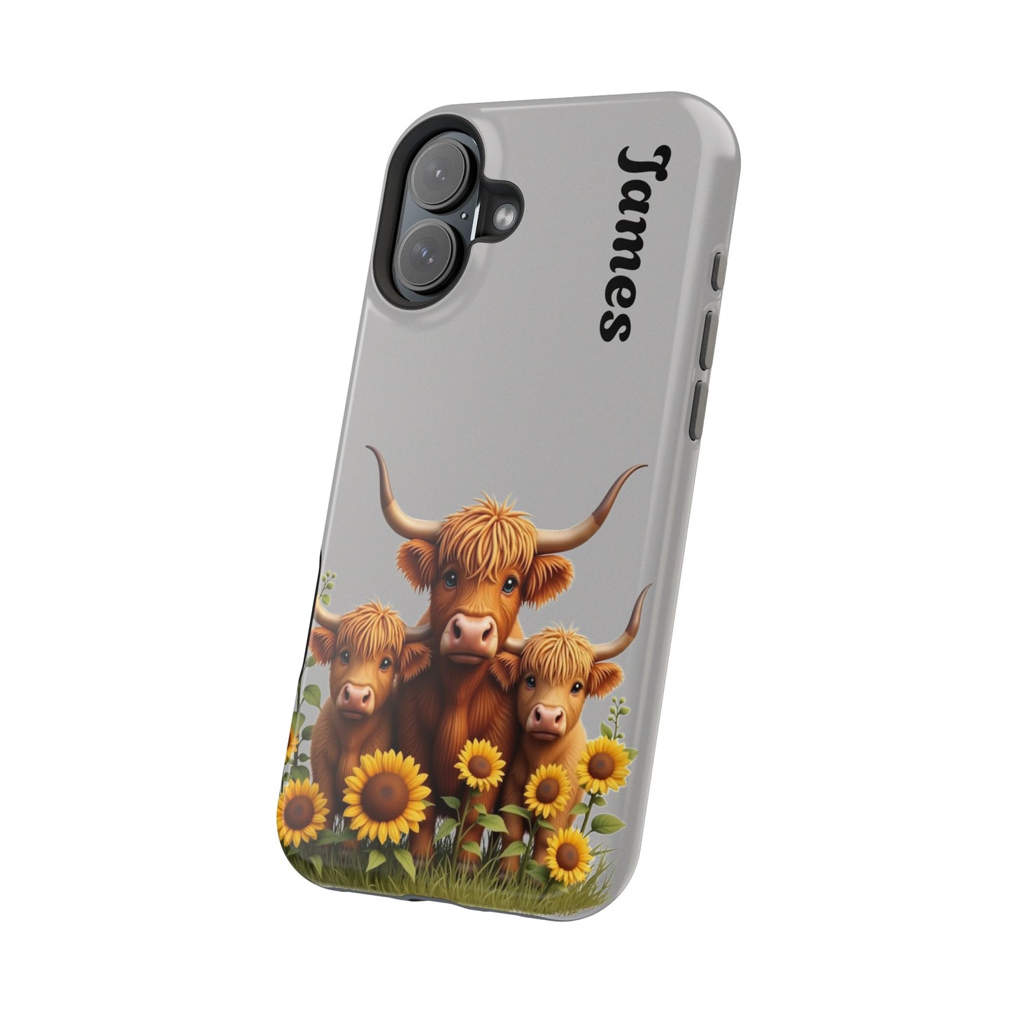 Personalized Gray Highland Cow Phone Case - Custom Name Farm Animal Gift | Cute Gray iPhone Cases for Women & Girls