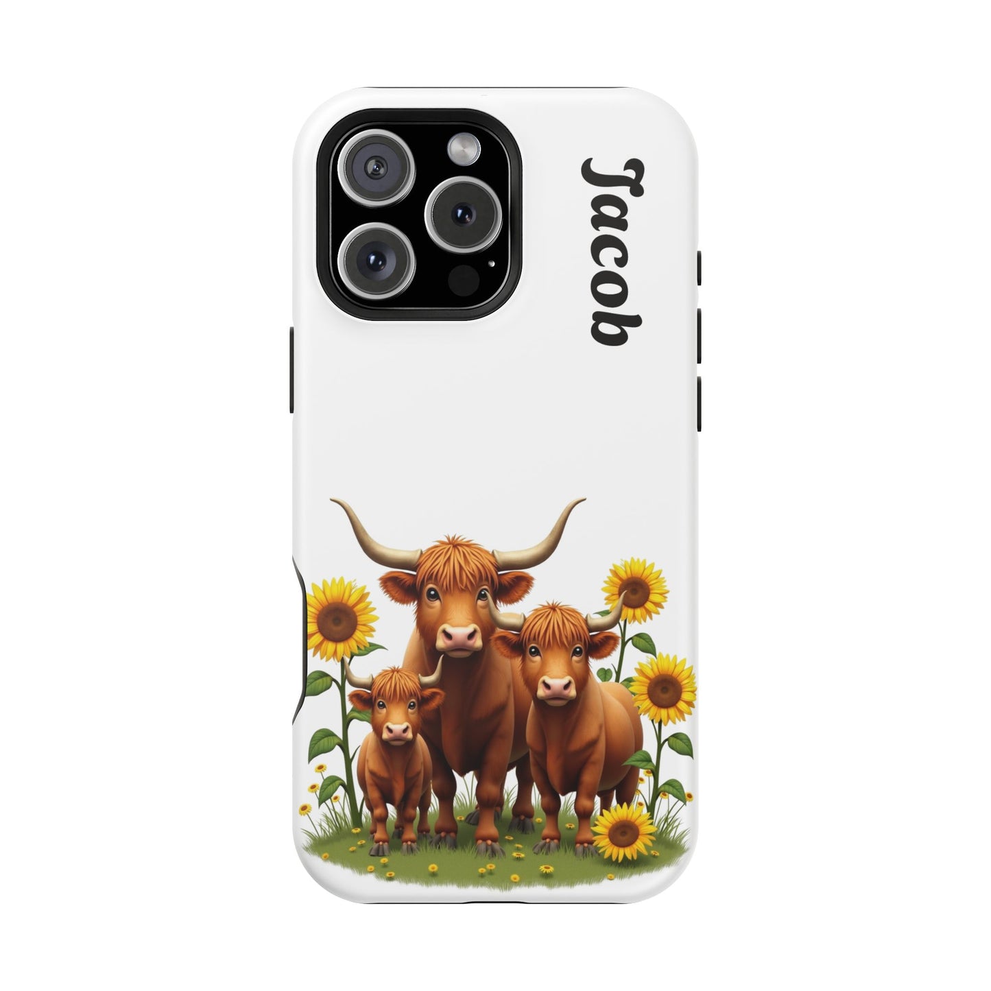 Personalized White Highland Cow Phone Case - Custom Name Farm Animal Gift | Cute Sunflower Cases for Women & Girls