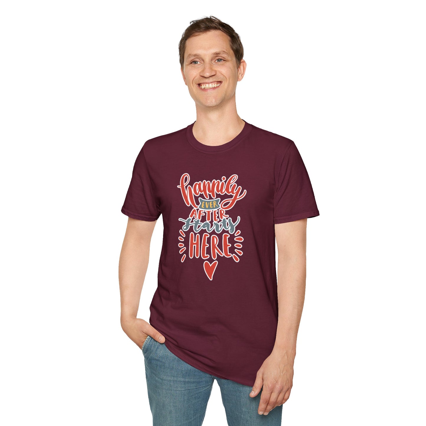 "Happily Ever After Starts Here" Inspirational & Wholesome T-Shirt – Cute Motivational Graphic Tee for Dreamers, Romantics & New Beginnings