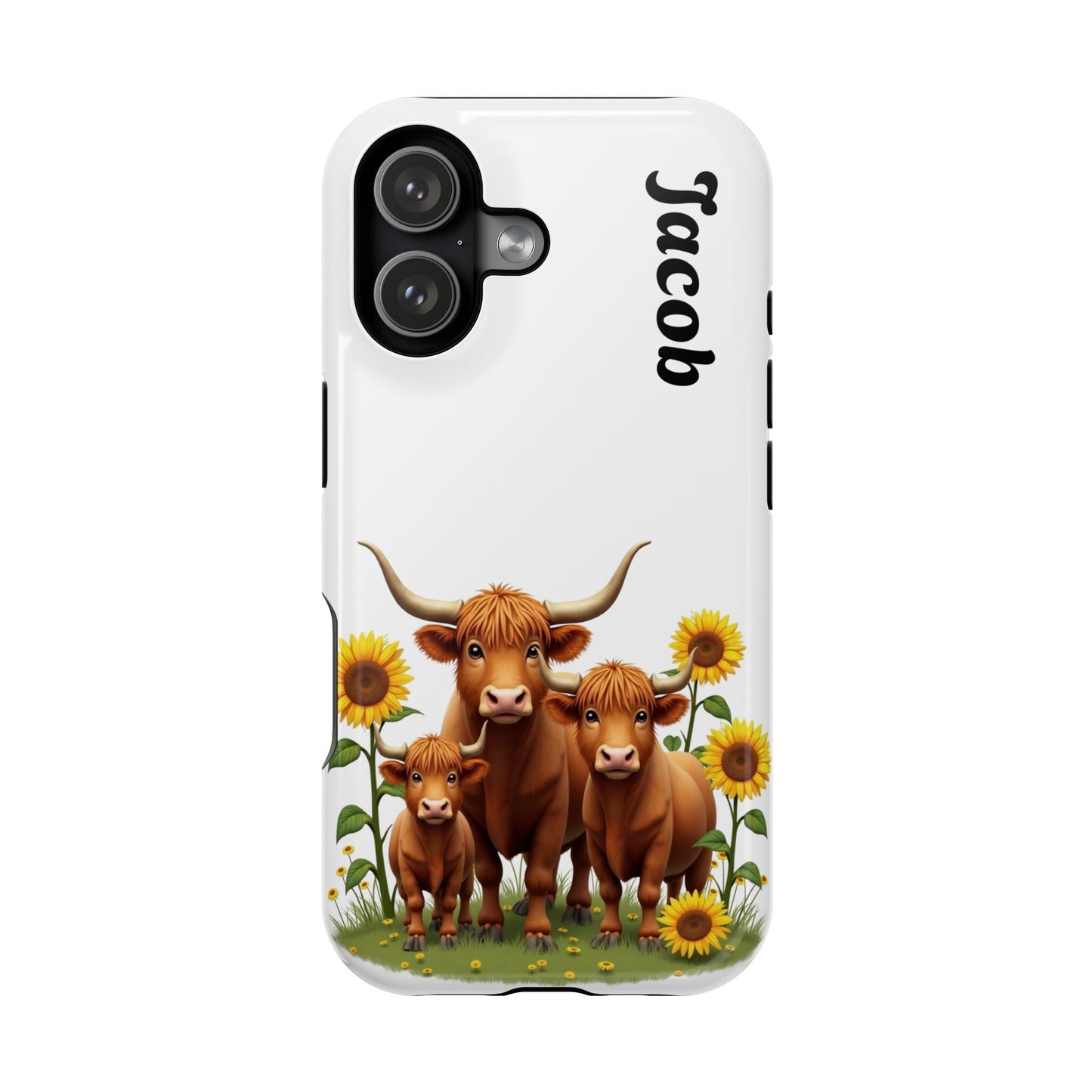 Personalized White Highland Cow Phone Case - Custom Name Farm Animal Gift | Cute Sunflower Cases for Women & Girls