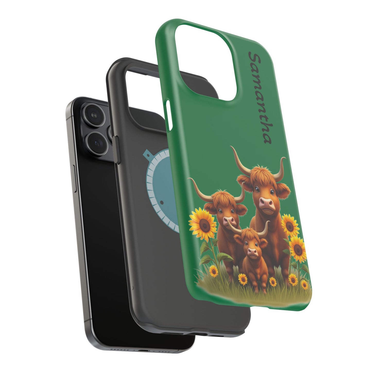 Personalized Highland Cow Phone Case - Custom Name Farm Animal Gift | Cute Green iPhone Cases for Women & Girls