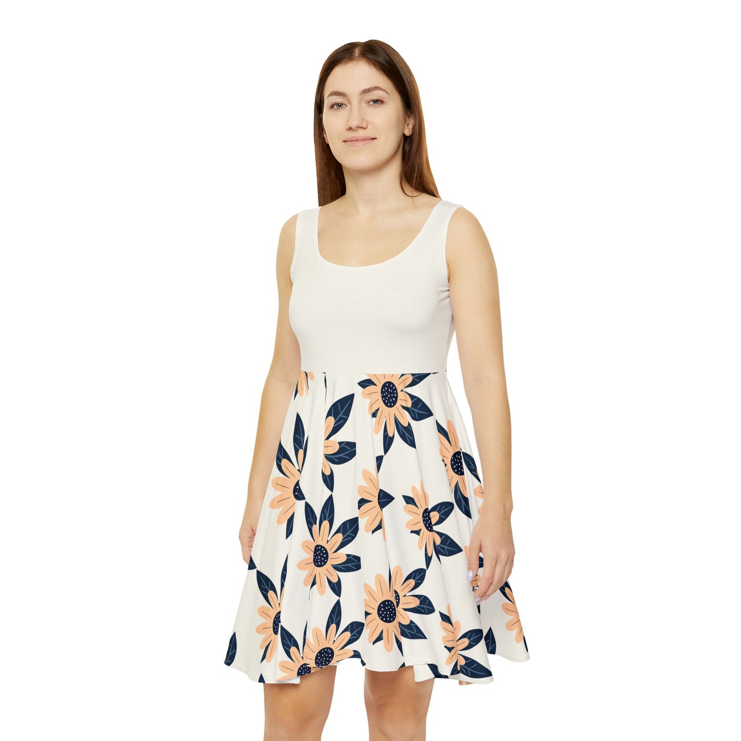Elegant Daisy Delight Skater Dress - Fresh Florals on White