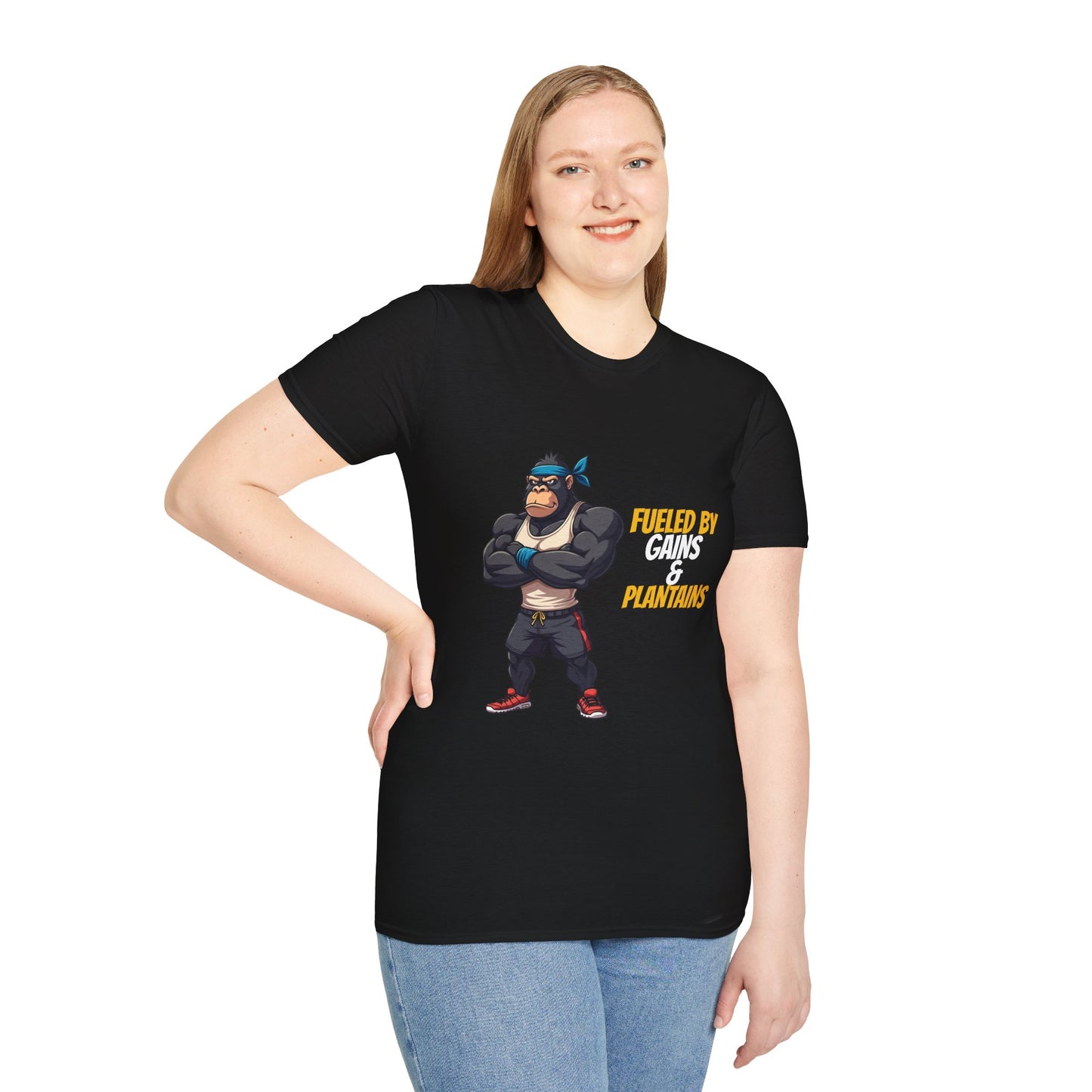 Fueled by Gains & Plantains β Funny Gym Gorilla T-Shirt