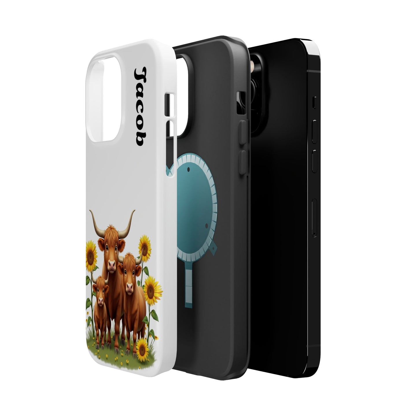 Personalized White Highland Cow Phone Case - Custom Name Farm Animal Gift | Cute Sunflower Cases for Women & Girls